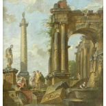 Circle of Giovanni Paolo Panini (Piacenza 1690-1765 Rome) Soldiers standing before ruins and a y...