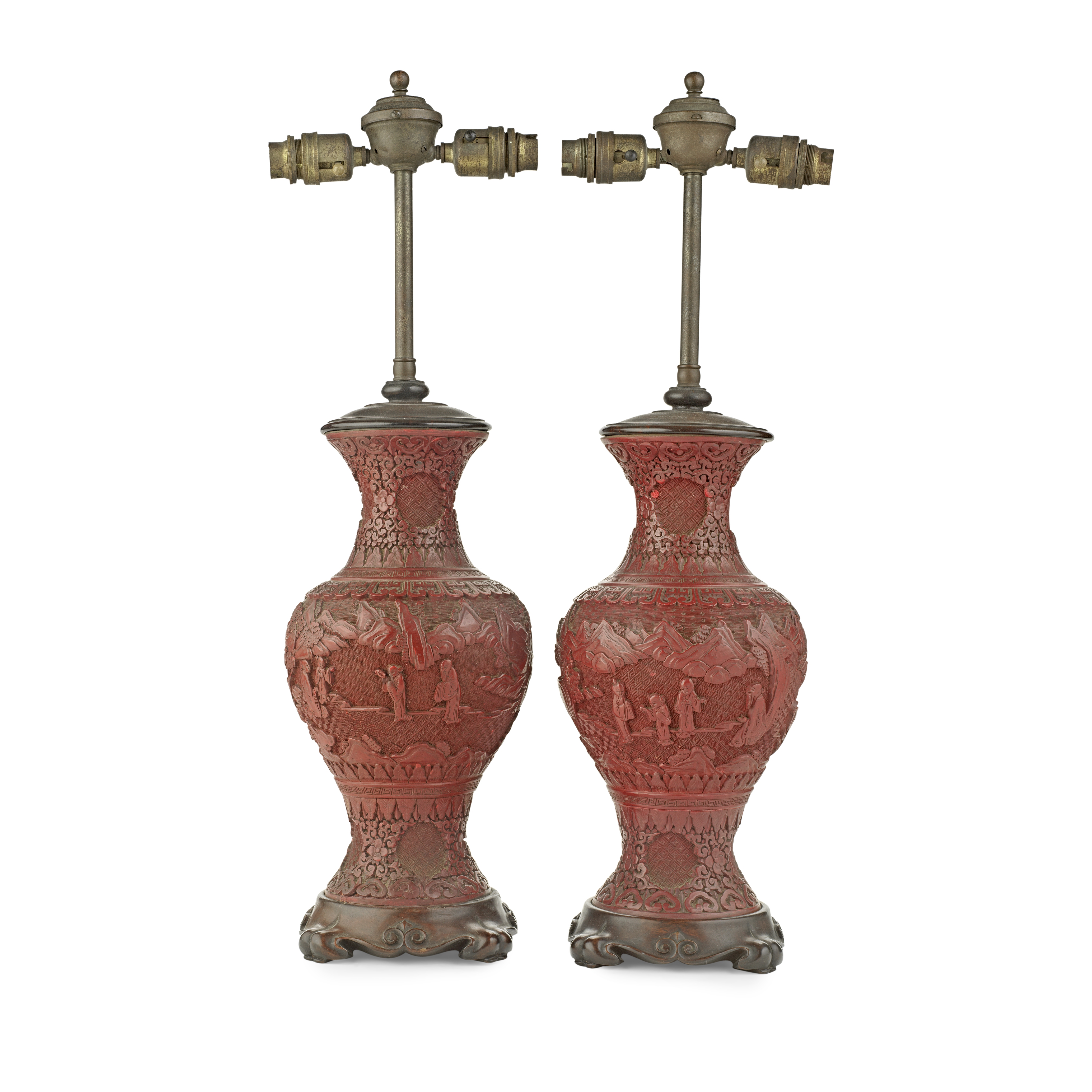 A PAIR OF CHINESE CINNABAR LACQUER TABLE LAMPS Late 19th / early 20th century (2)