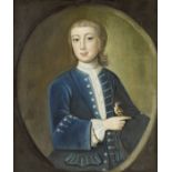 English School, 18th Century Portrait of a boy, half-length, in a blue coat holding a finch, wit...