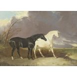 English School, 19th Century A black horse with a grey horse in a thunderstorm