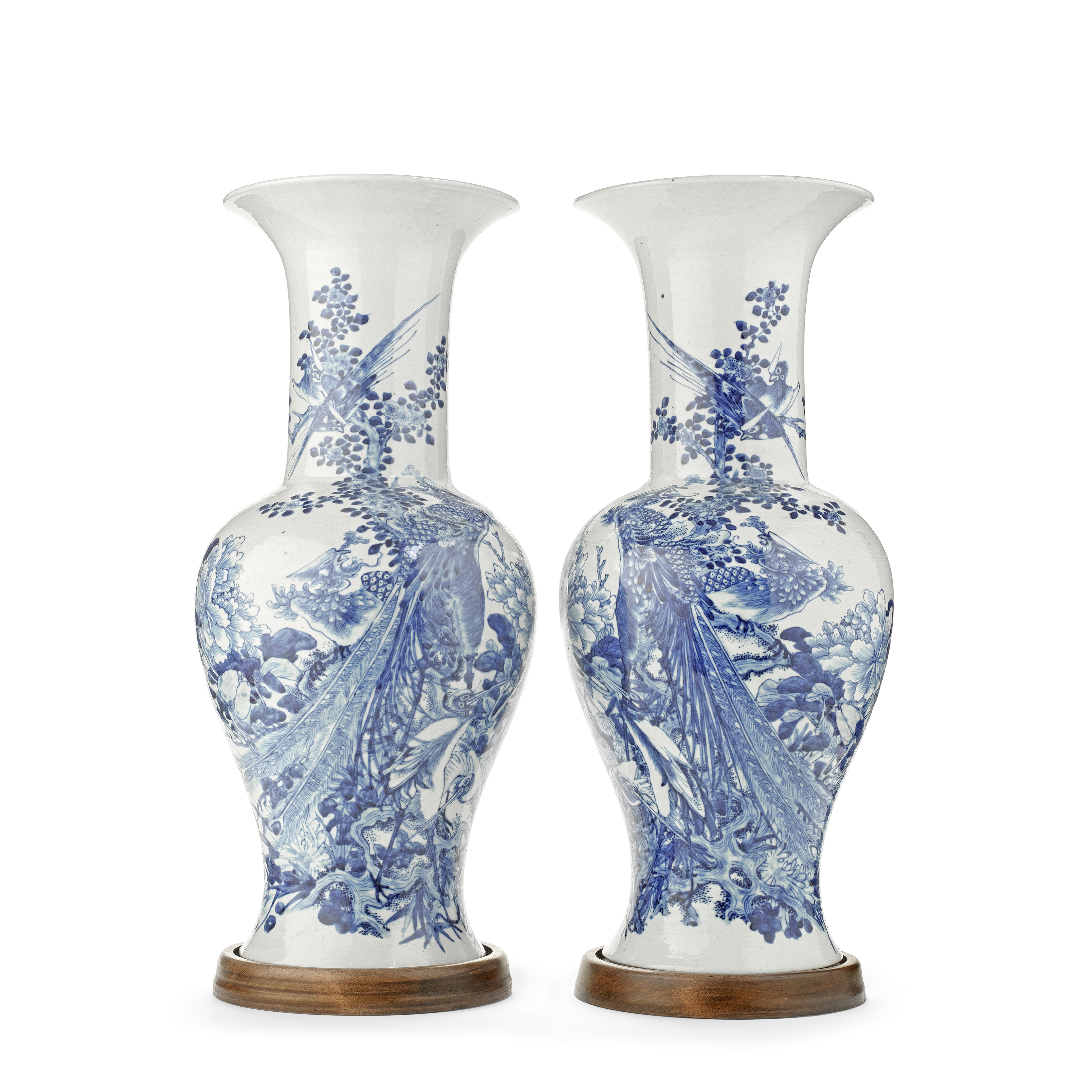 A PAIR OF CHINESE BLUE AND WHITE 'PEACOCK' VASES Late Qing Dynasty