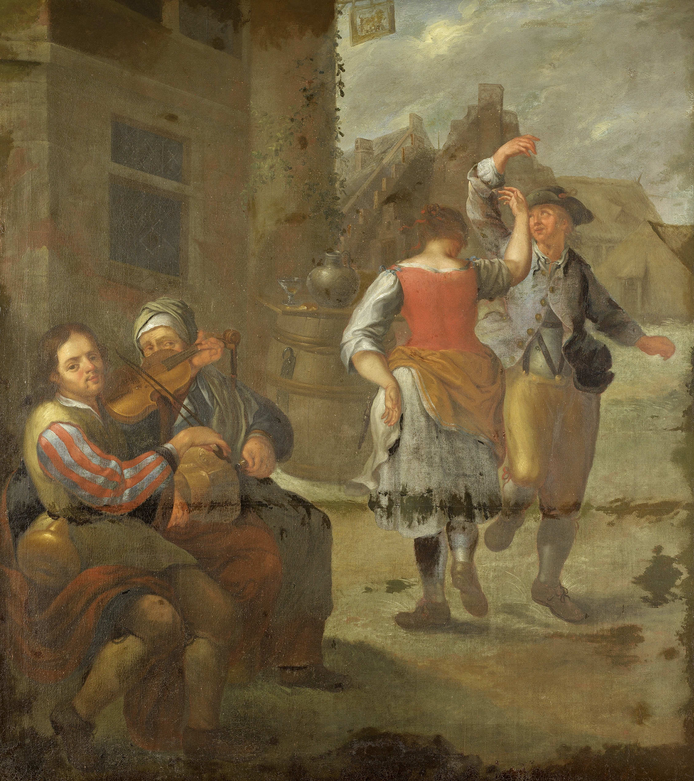 Flemish School, 18th Century Figures dancing and merrymaking before an inn