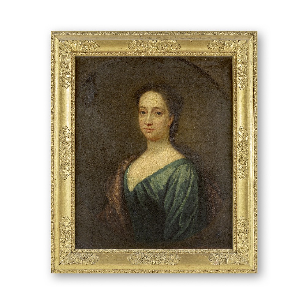 English School, 18th Century Portrait of a lady, half length, in a blue dress, within a painted ... - Image 2 of 3
