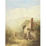 English School, 19th Century Women by a cottage on a country lane