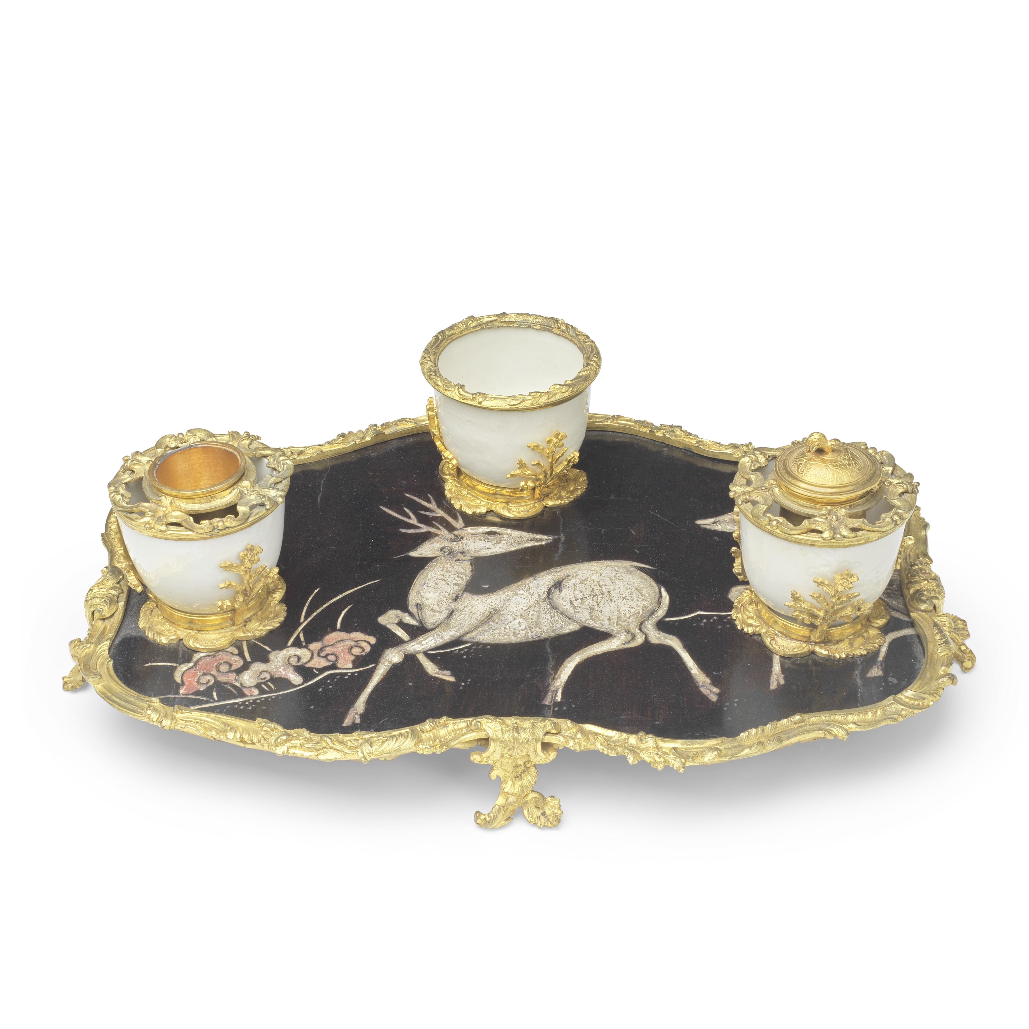 A CHINESE LACQUER AND ORMOLU MOUNTED INKSTAND 19th century