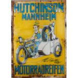 A Hutchinson Mannheim Motorradreifen embossed and printed tin sign,