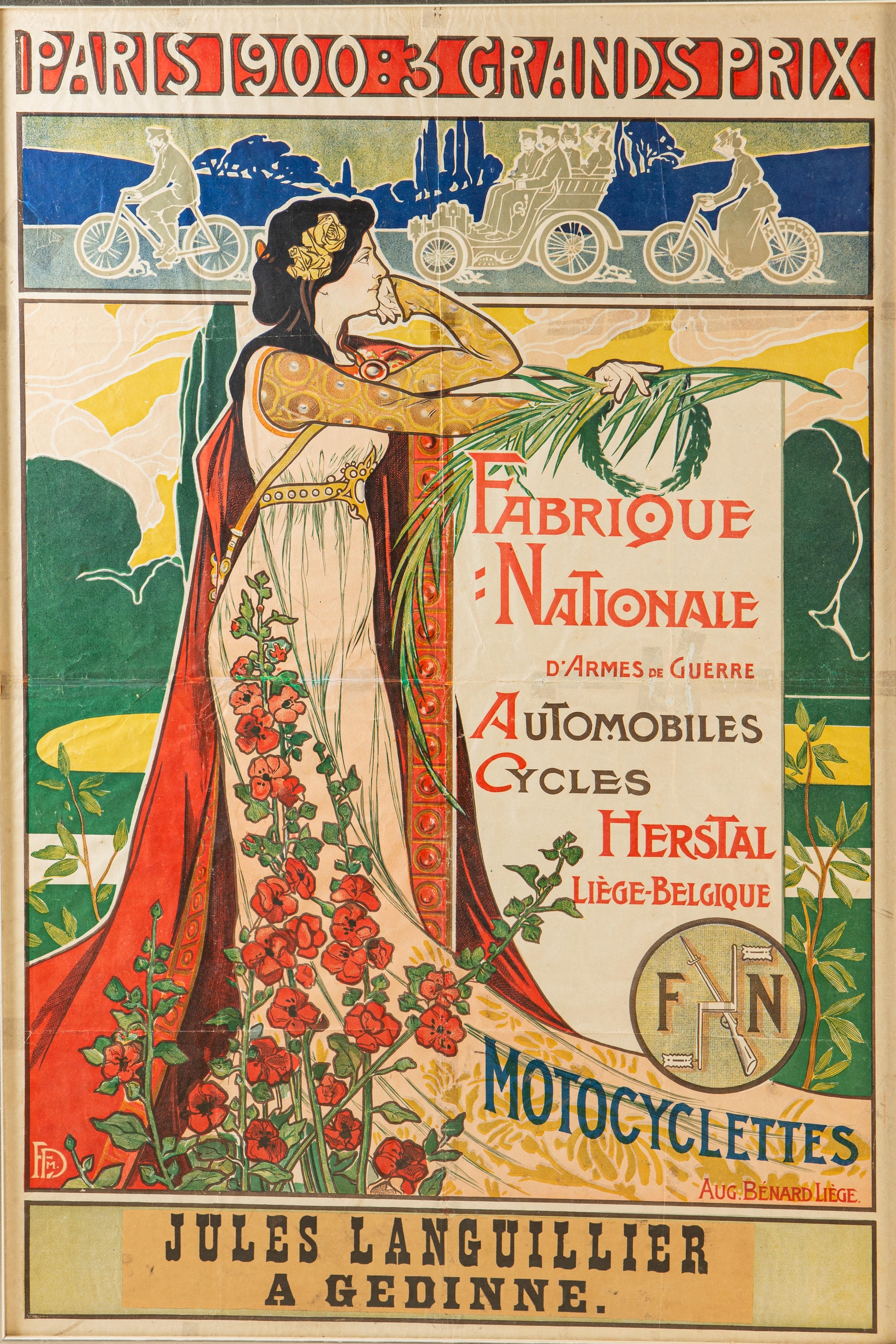A Fabrique Nationale Automobiles, Cycles, Motocyclettes, 'Paris 1900 3 Grand Prix' poster, Belgian,