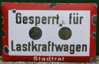 A 'Gesperrt F&#252;r Lastkraftwagen' enamel sign by Richard Benisch, Leipzig, Kurzestr. 3,