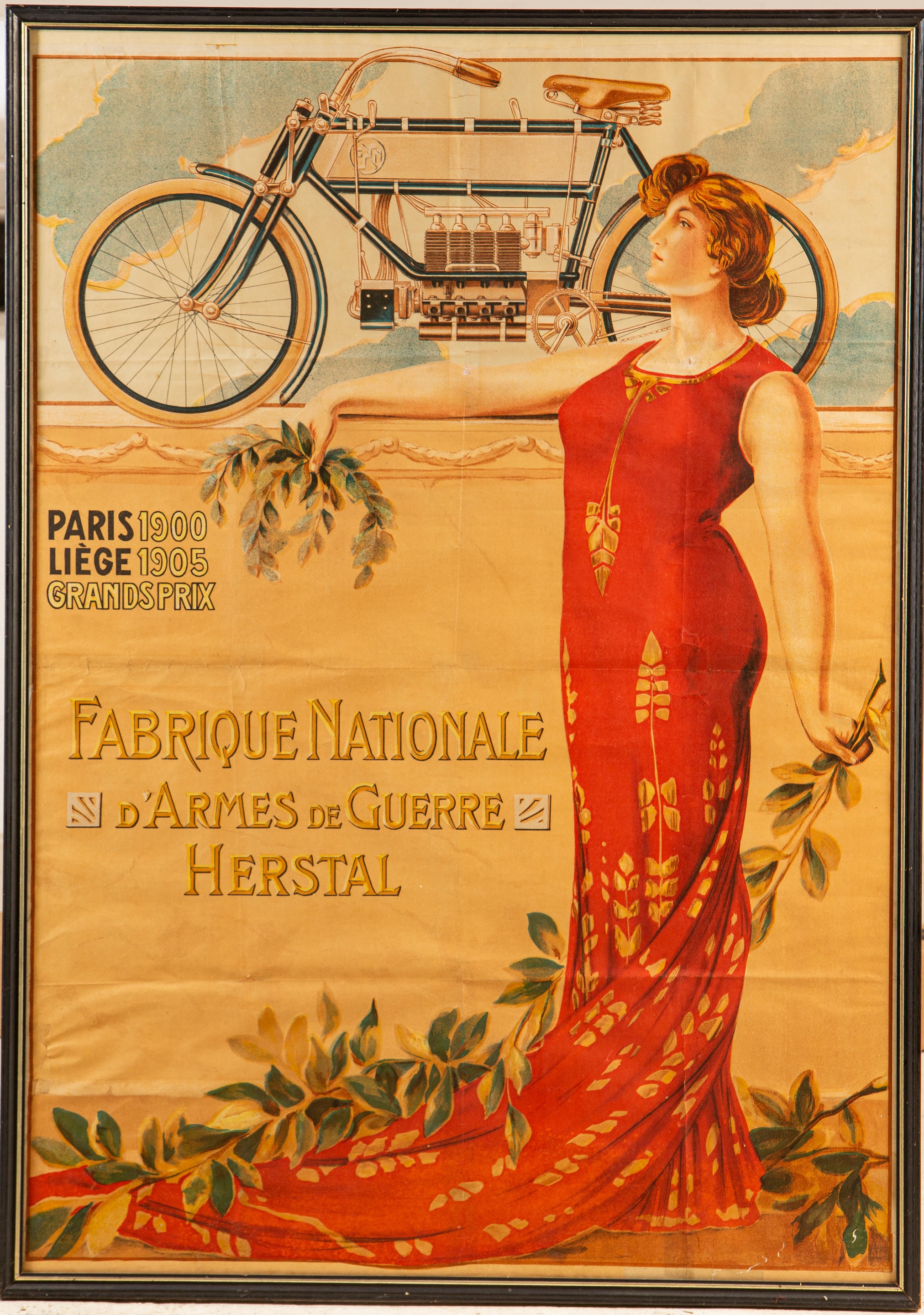 A Fabrique Nationale 4 cylinder motorcycle poster circa 1905,