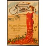 A Fabrique Nationale 4 cylinder motorcycle poster circa 1905,