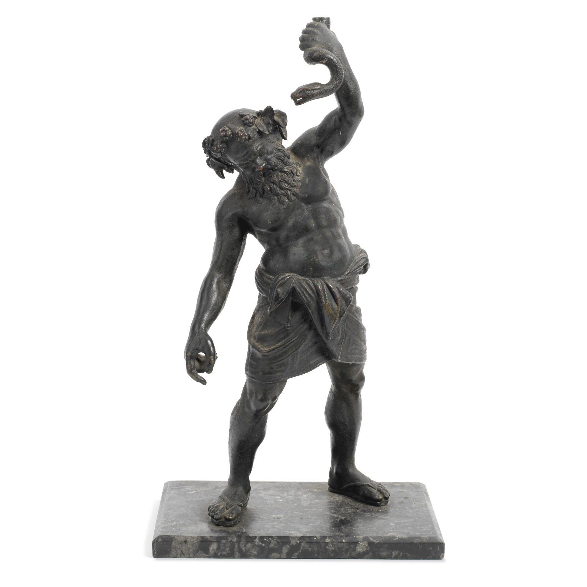 After the antique: A late 19th century Italian patinated bronze figural lamp of the drunken Sile...