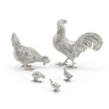 A silver family of chickens the Cockerel and Hen, Neresheimer & Sohne, Hanau, with import marks ...