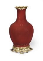 A late 19th/early 20th century gilt bronze mounted Chinese sang de boeuf glazed porcelain vase