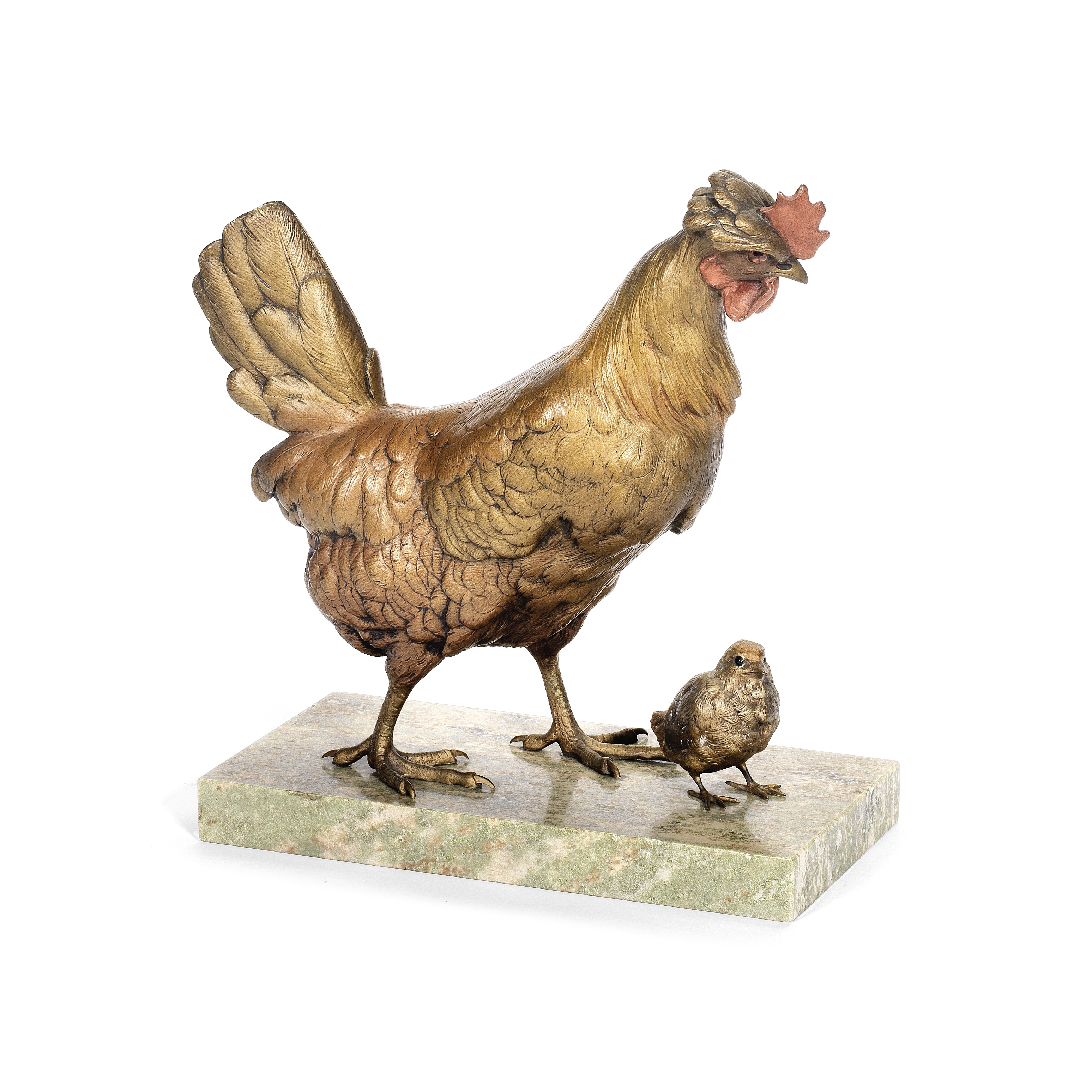 After Franz Xavier Bergman (Austrian, 1861-1936): A cold painted bronze model of a hen and a chick