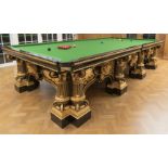 A late Victorian Renaissance revival ebonised oak and parcel gilt snooker/billiards table by War...