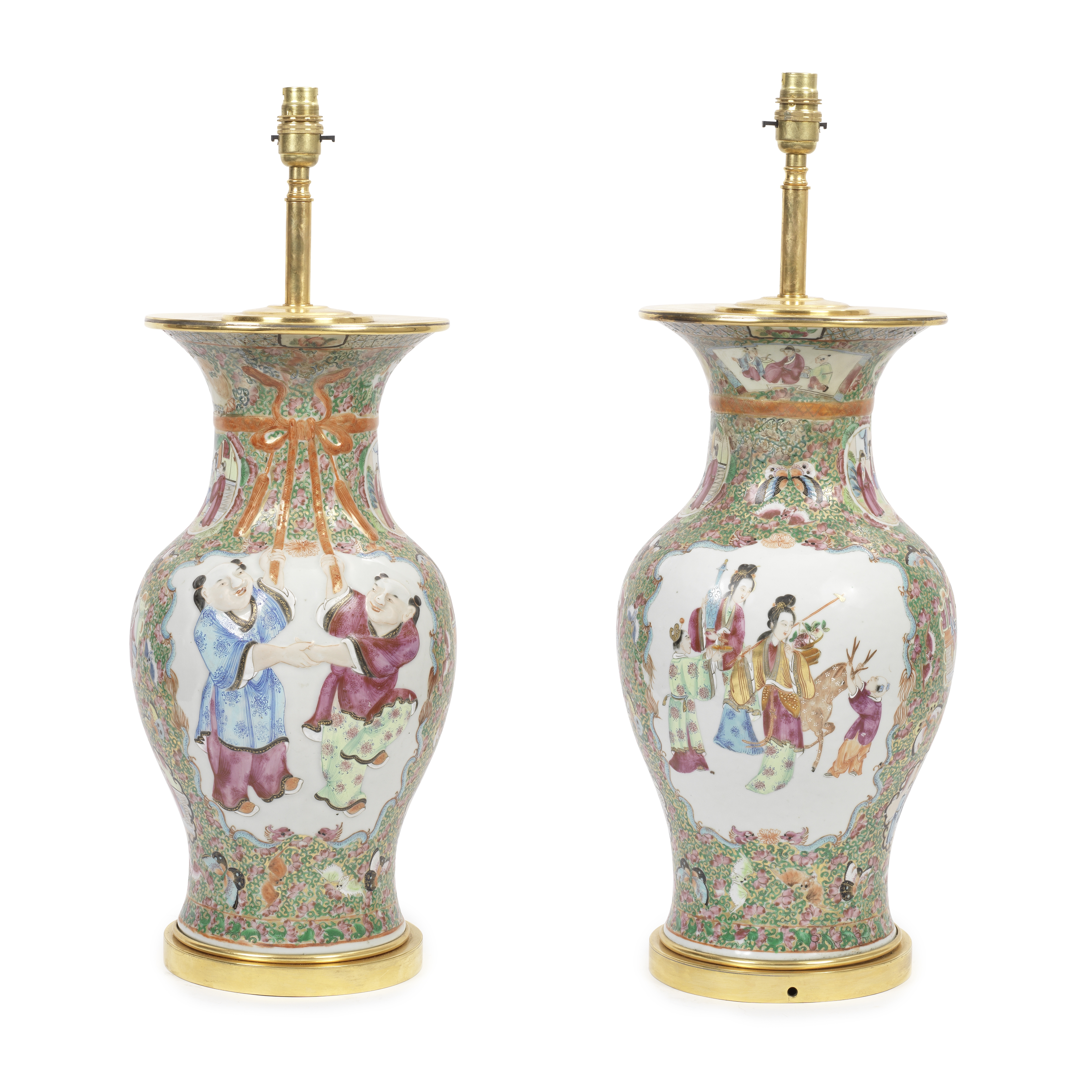 A pair of unusual late 19th century Chinese famille rose porcelain vases later adapted as lampba...