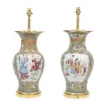 A pair of unusual late 19th century Chinese famille rose porcelain vases later adapted as lampba...