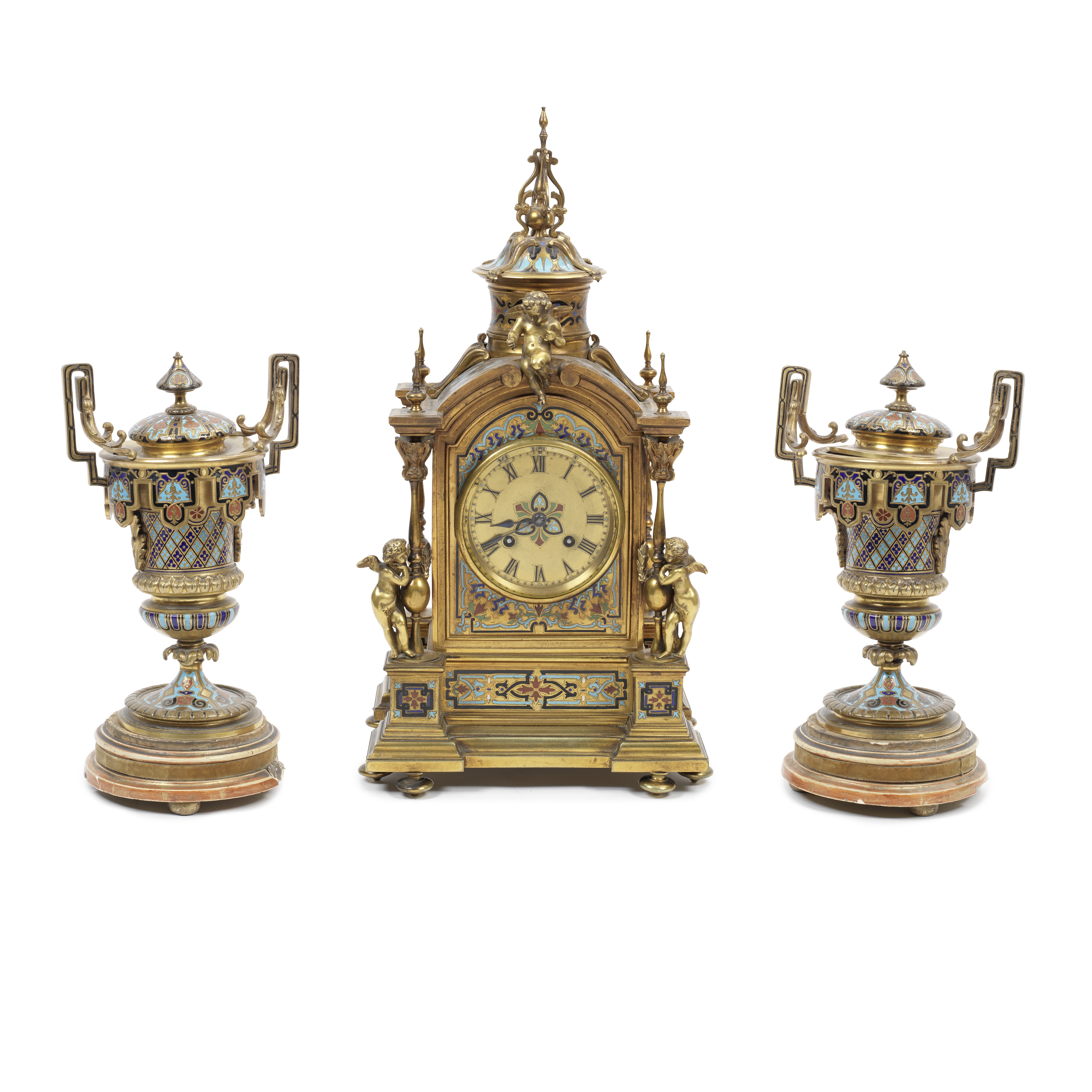 A matched late 19th century French gilt brass and champlev&#233; enamel clock garniture the clo...