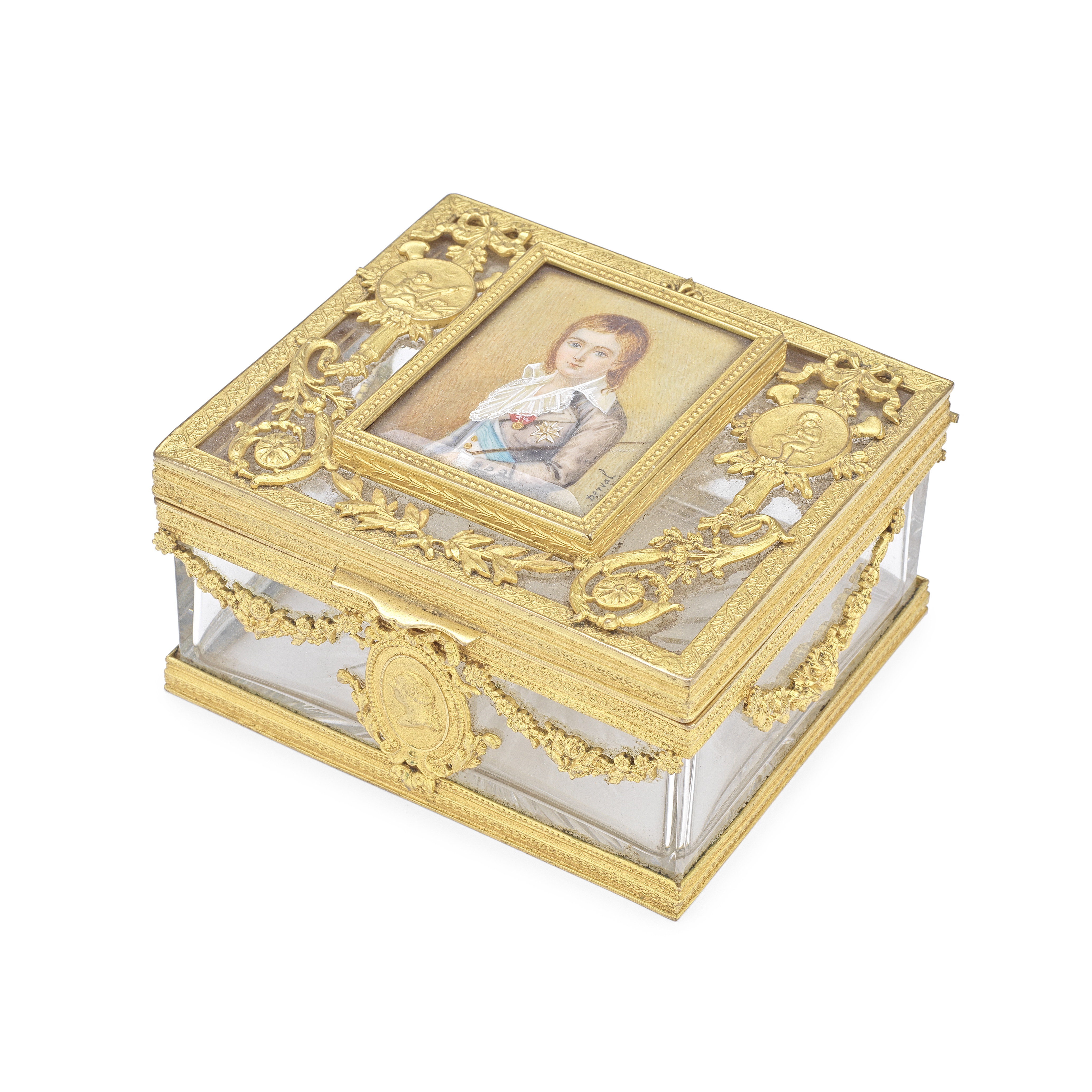 A late 19th/early 20th century French gilt bronze mounted and painted ivory miniature inset glas...