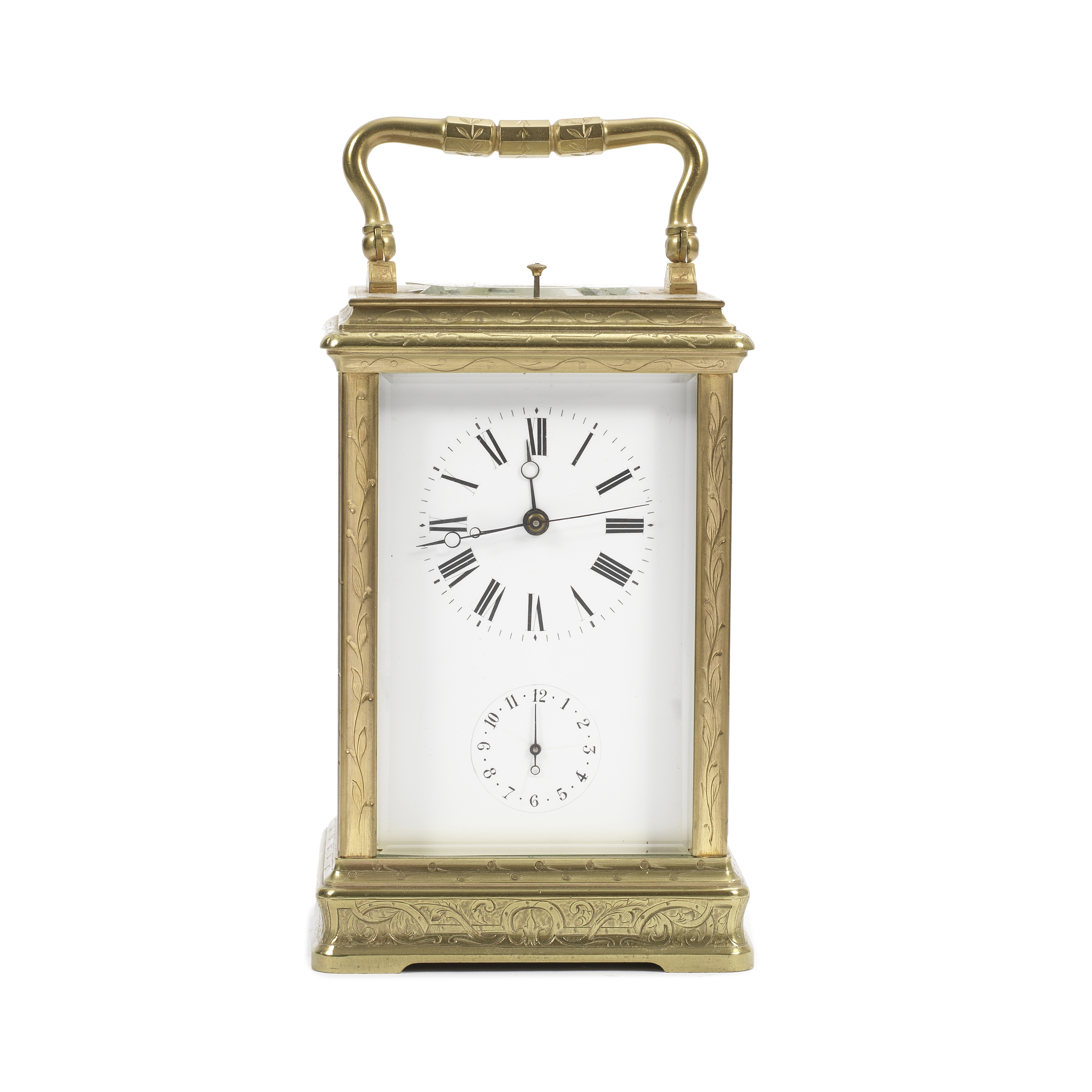 A late 19th century French brass carriage clock produced for the Chinese market with repeat, ala...