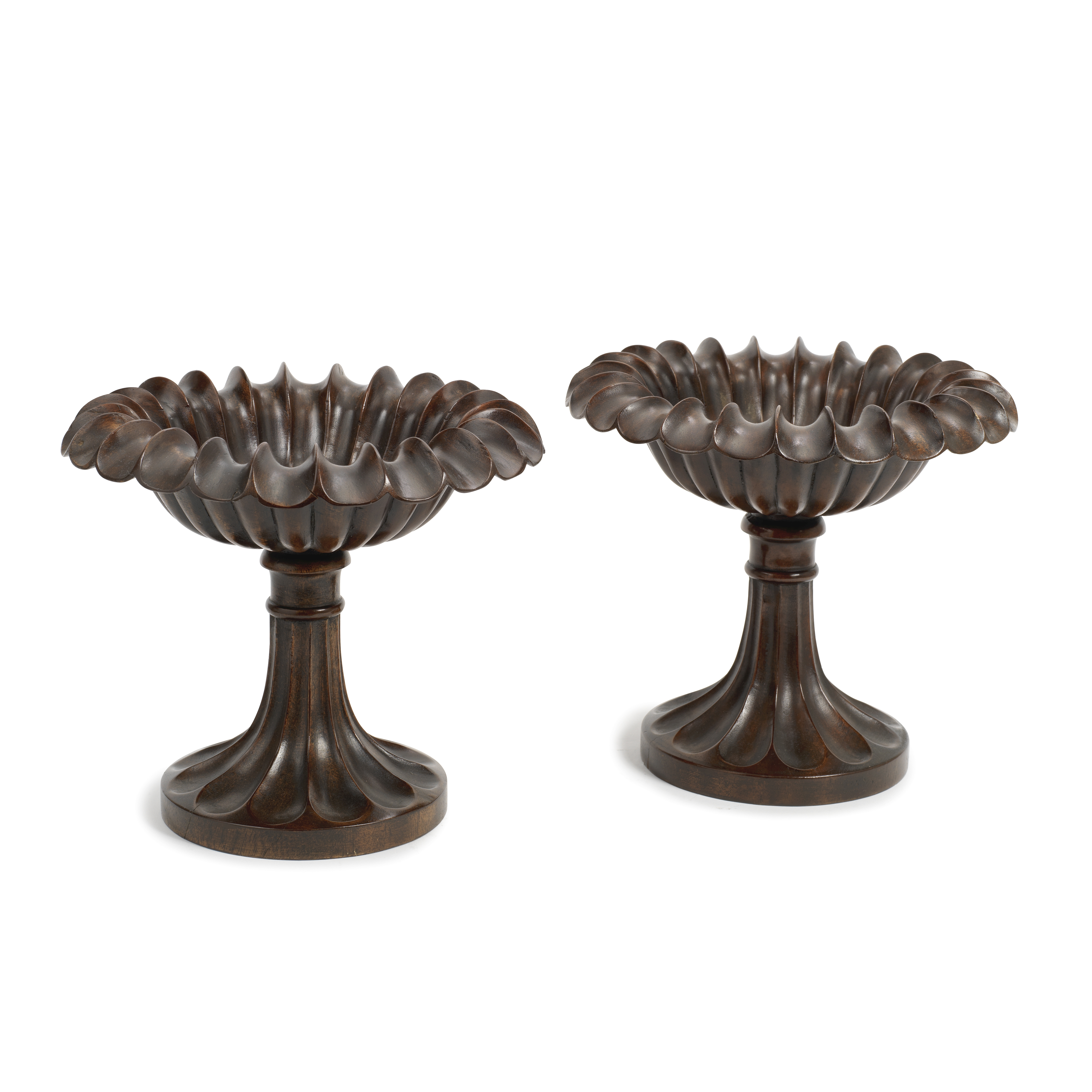 A pair of late 19th century turned and carved stained wood tazze (2)