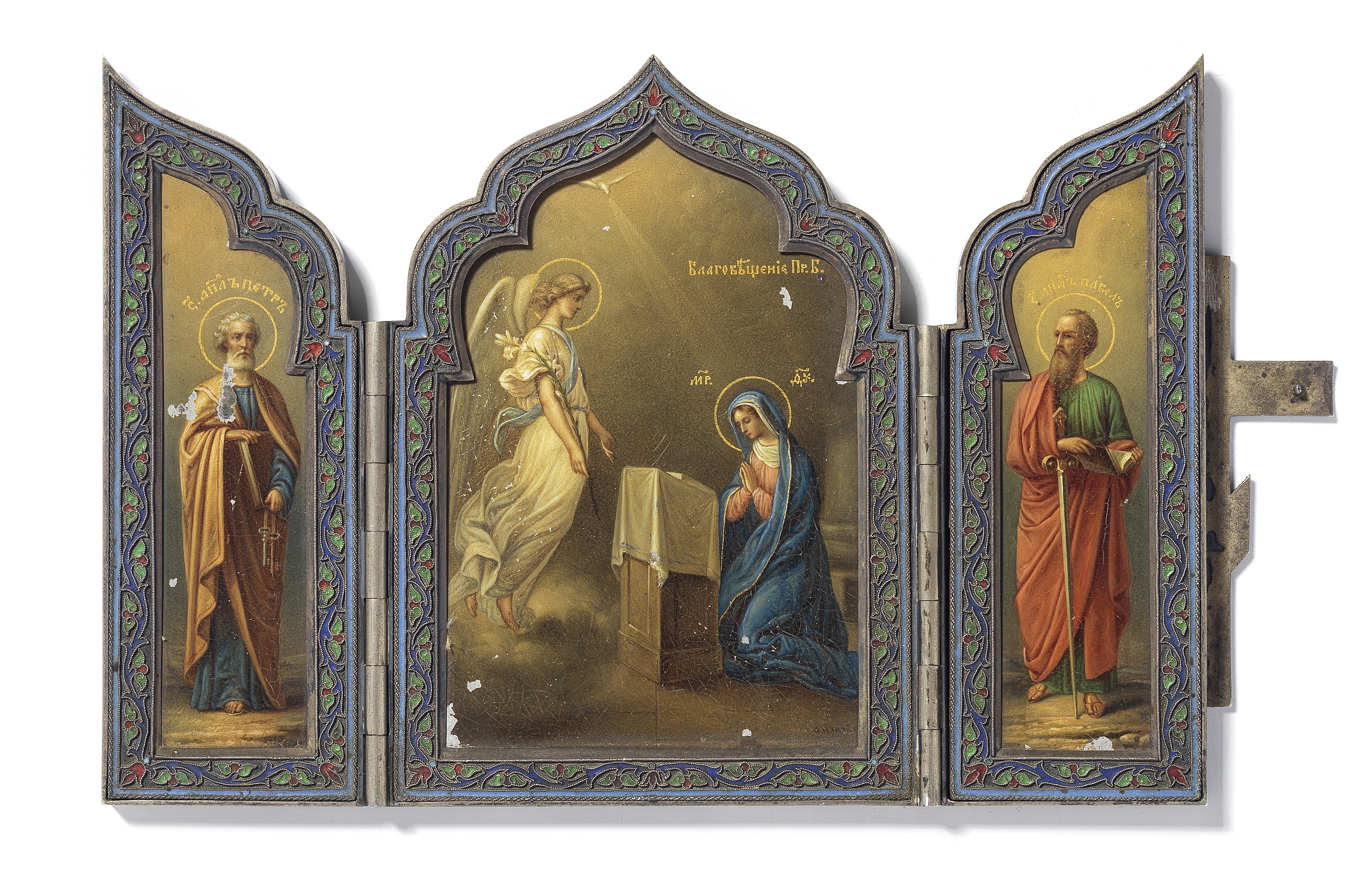 A RUSSIAN SILVER-GILT AND ENAMEL TRIPTYCH ICON Brothers Grachev firm, St. Petersburg, c. 1896