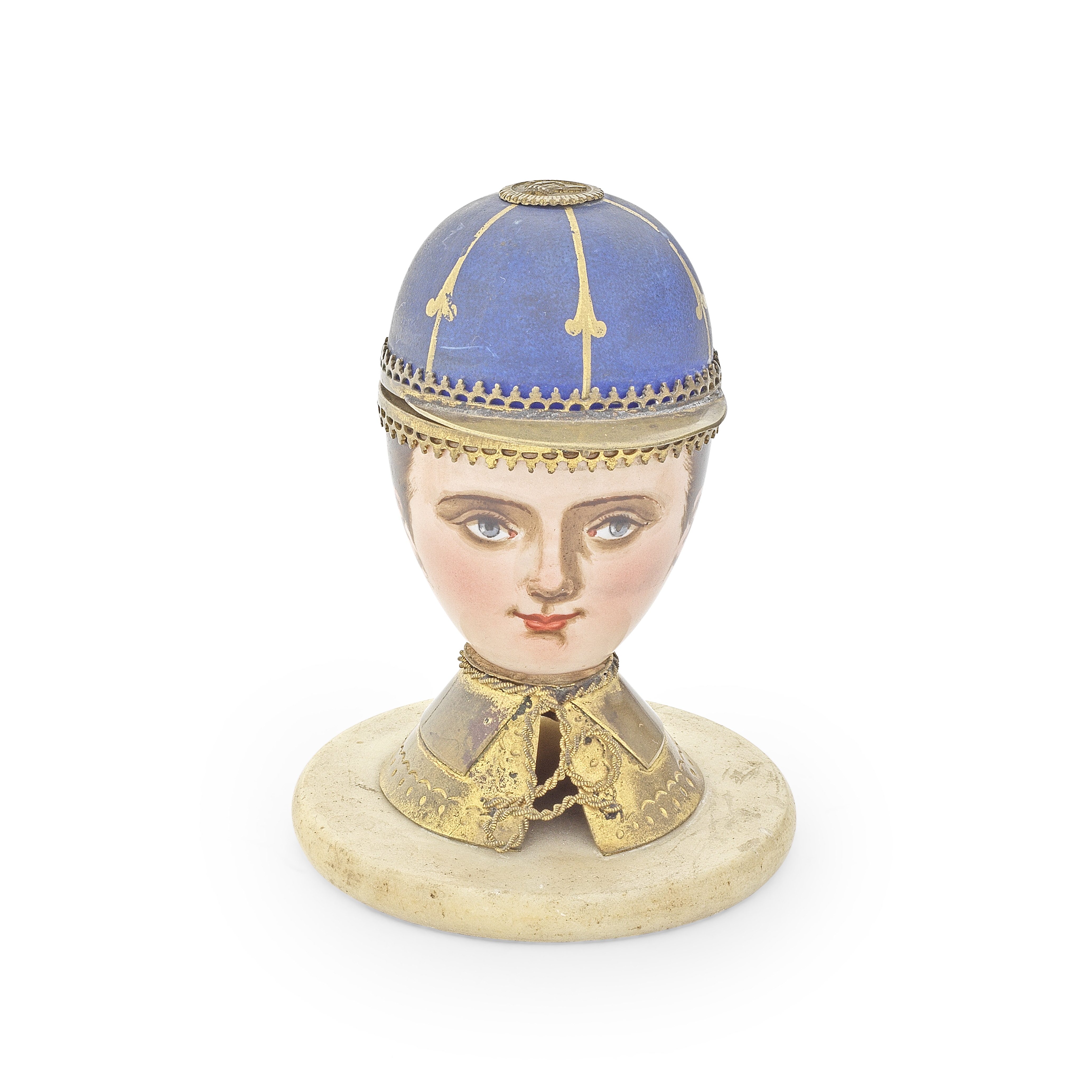 A rare French jockey head box with perfume bottle unmarked, possibly 19th century