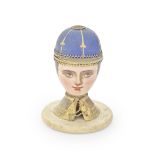 A rare French jockey head box with perfume bottle unmarked, possibly 19th century