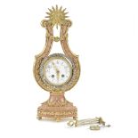 An early 20th century French gilt bronze mounted pink marble lyre mantel timepiece in the Louis ...