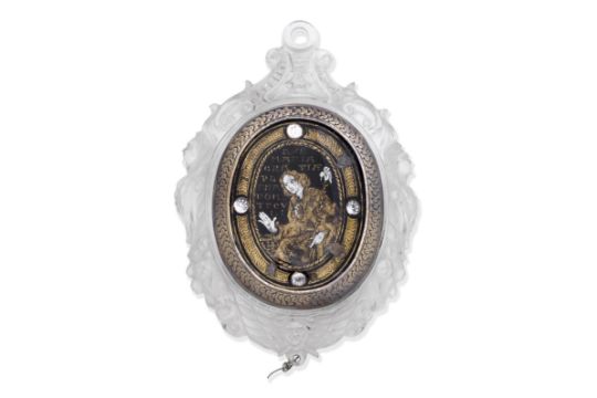 A carved rock crystal, gilt metal and verre eglomise 'Ave Maria' reliquary pendant probably 18th...