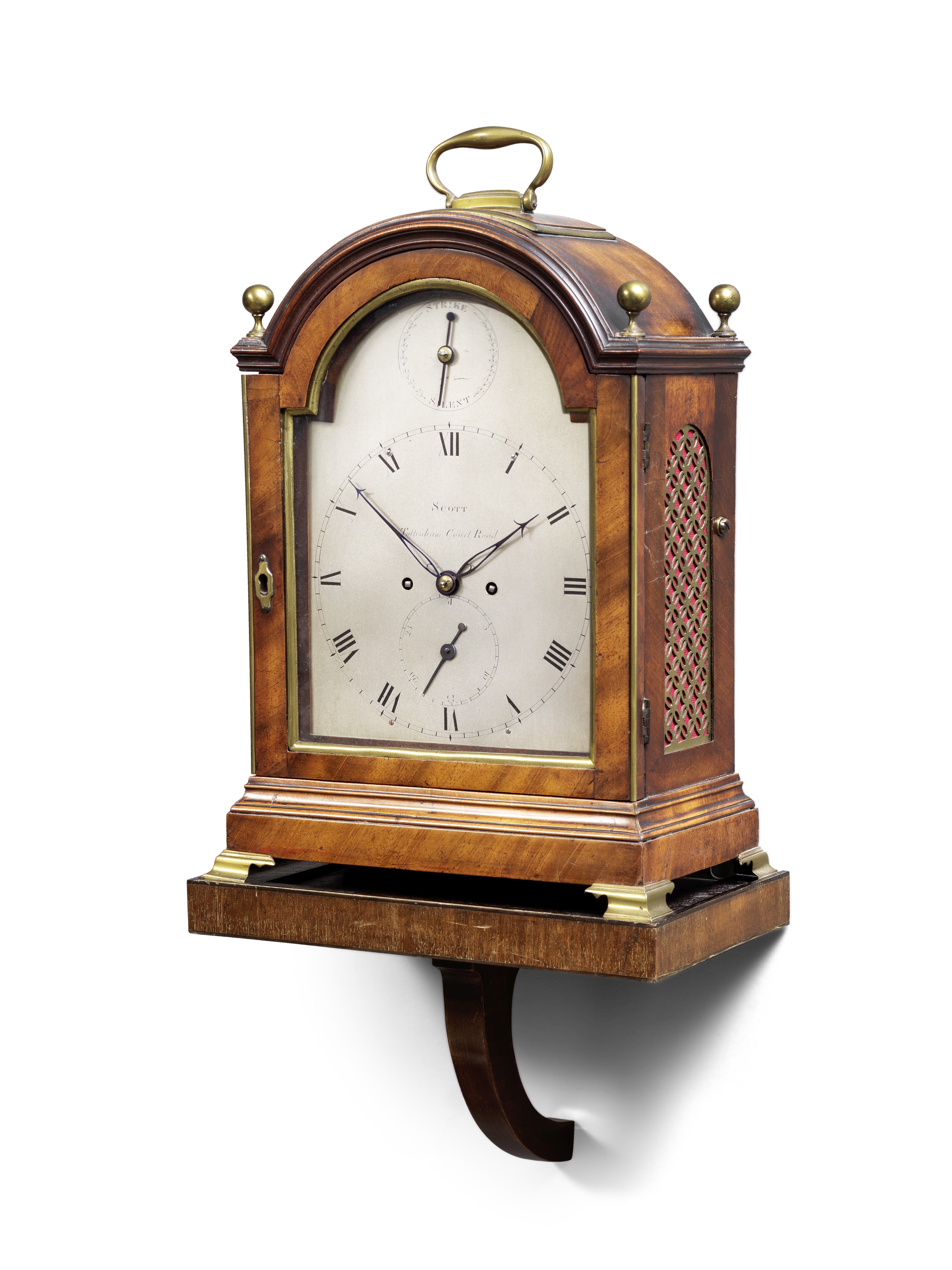 A very early 19th century brass mounted mahogany single pad top bracket clock with wall bracket ...