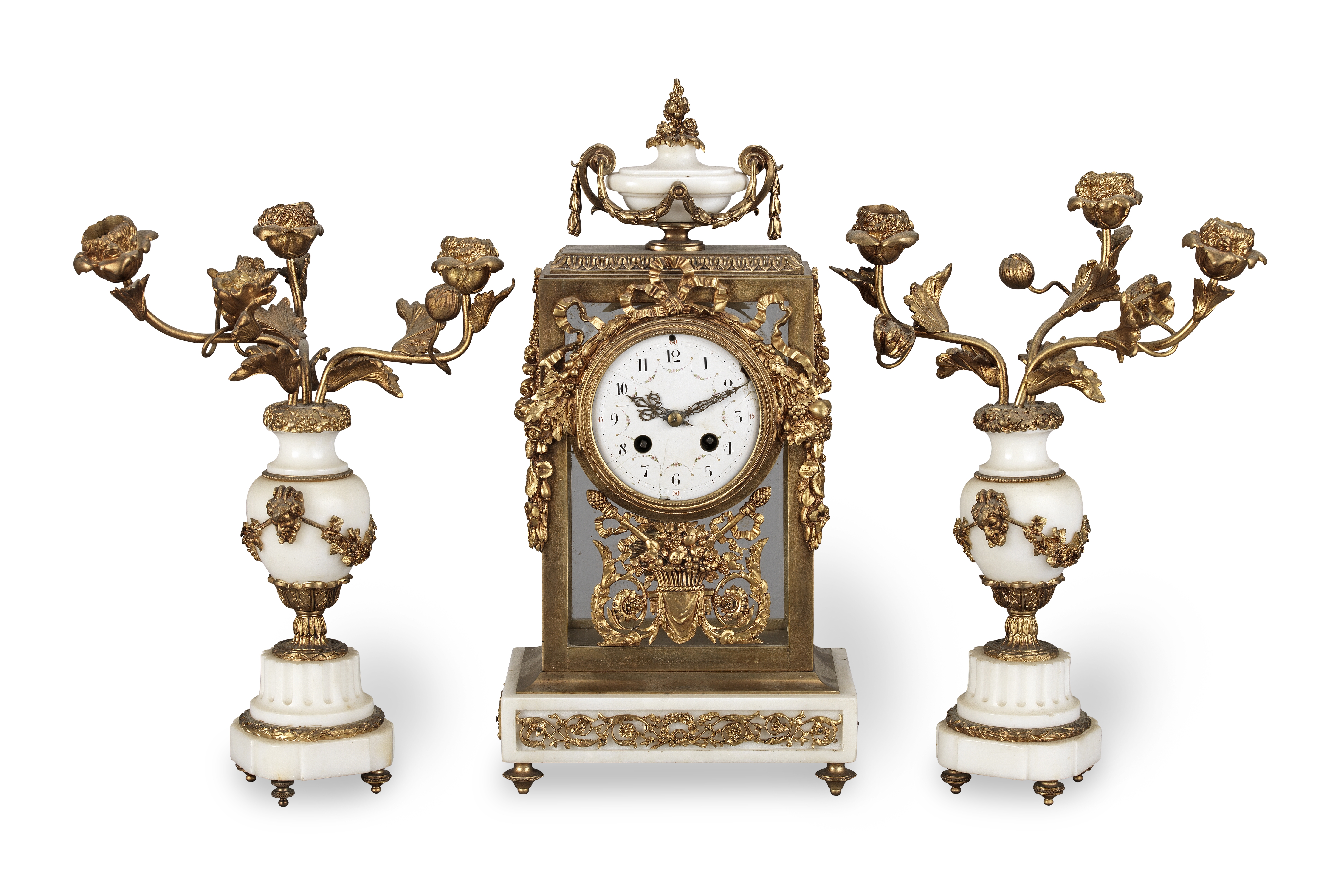 A late 19th century French gilt bronze and white marble four glass clock together with a pair of...