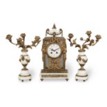 A late 19th century French gilt bronze and white marble four glass clock together with a pair of...