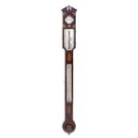 A large George III mahogany, marquetry inlaid and chequer strung stick barometer the dial signed...