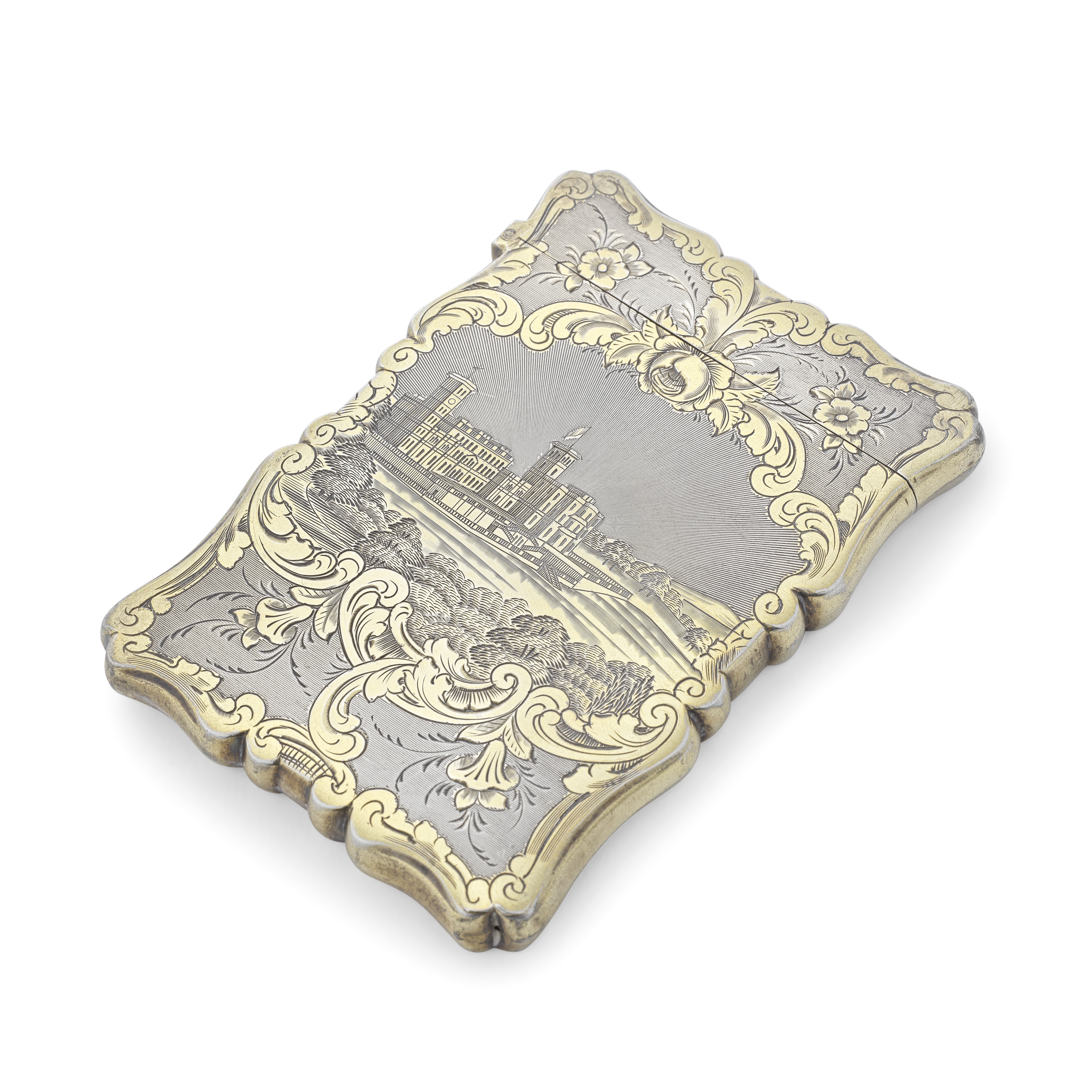 A good cased Victorian silver and parcel-gilt 'Osborne House' castle top card case Thomas & Wil...