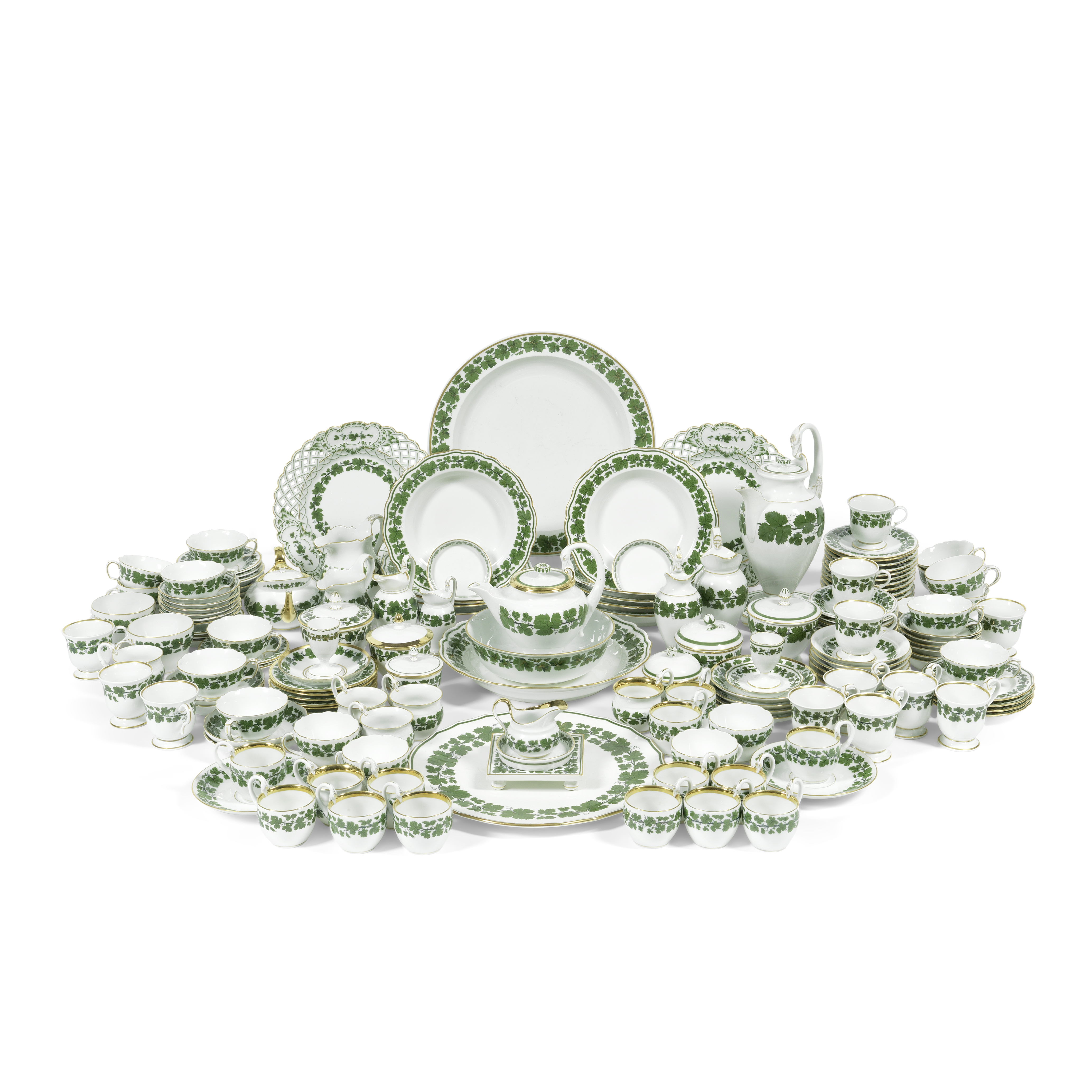 A extensive assembled Meissen porcelain 'Green Vine Leaves' gold rim pattern dinner, tea and cof...