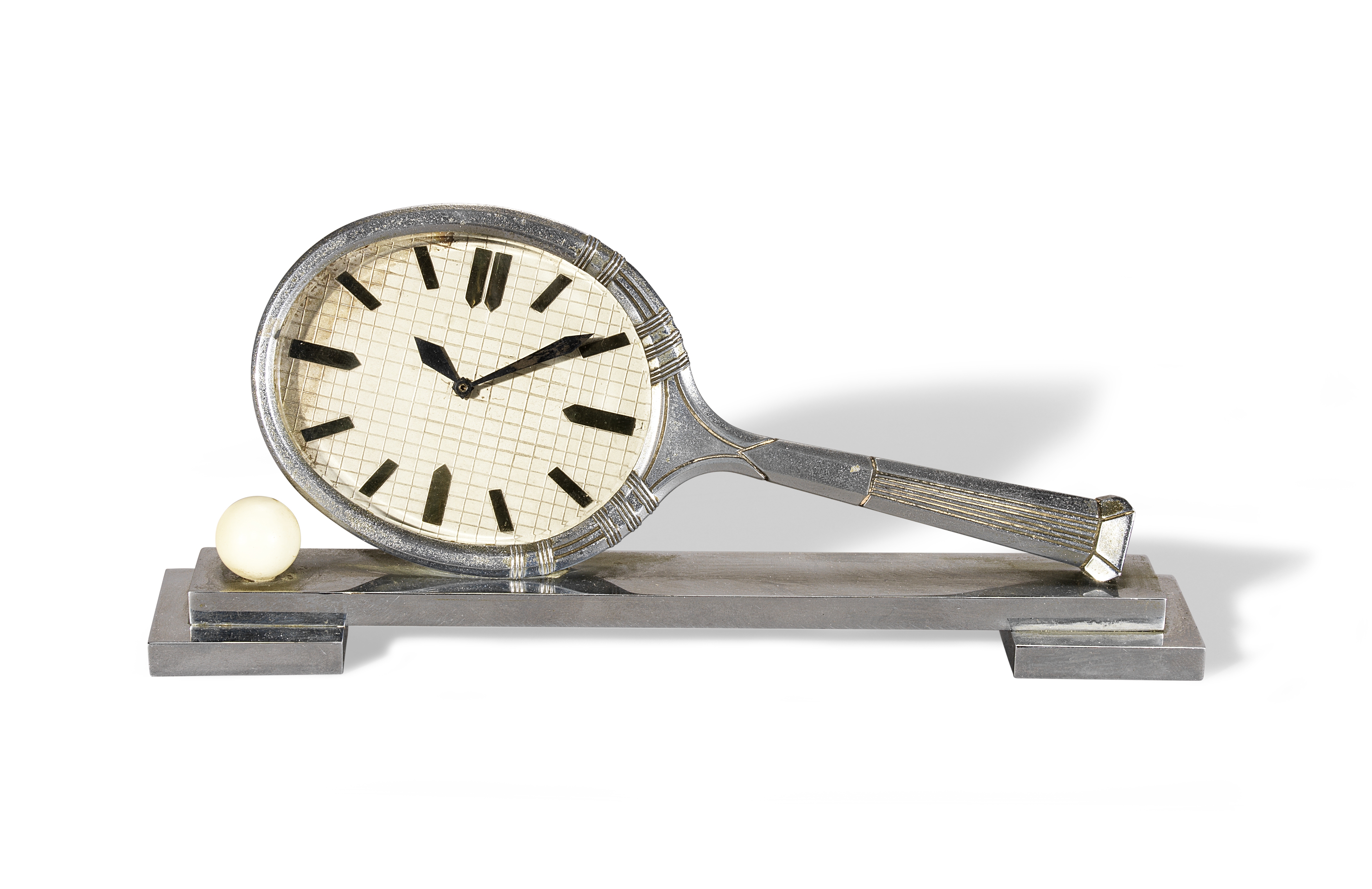 An Art Deco chromium plated novelty tennis racket desk timepiece circa 1935