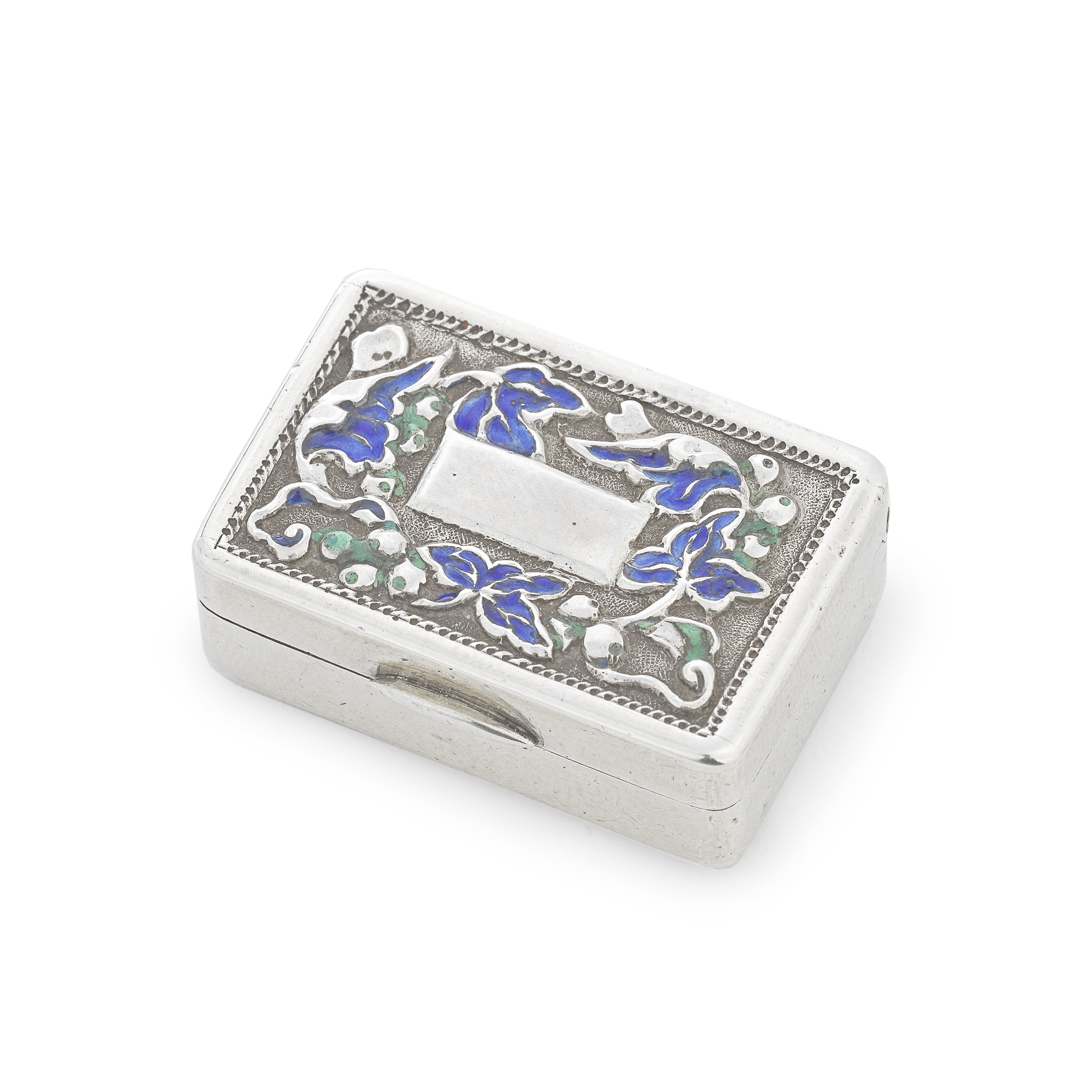 A 19th century Chinese silver and enamel vinaigrette inside cover with two character marks