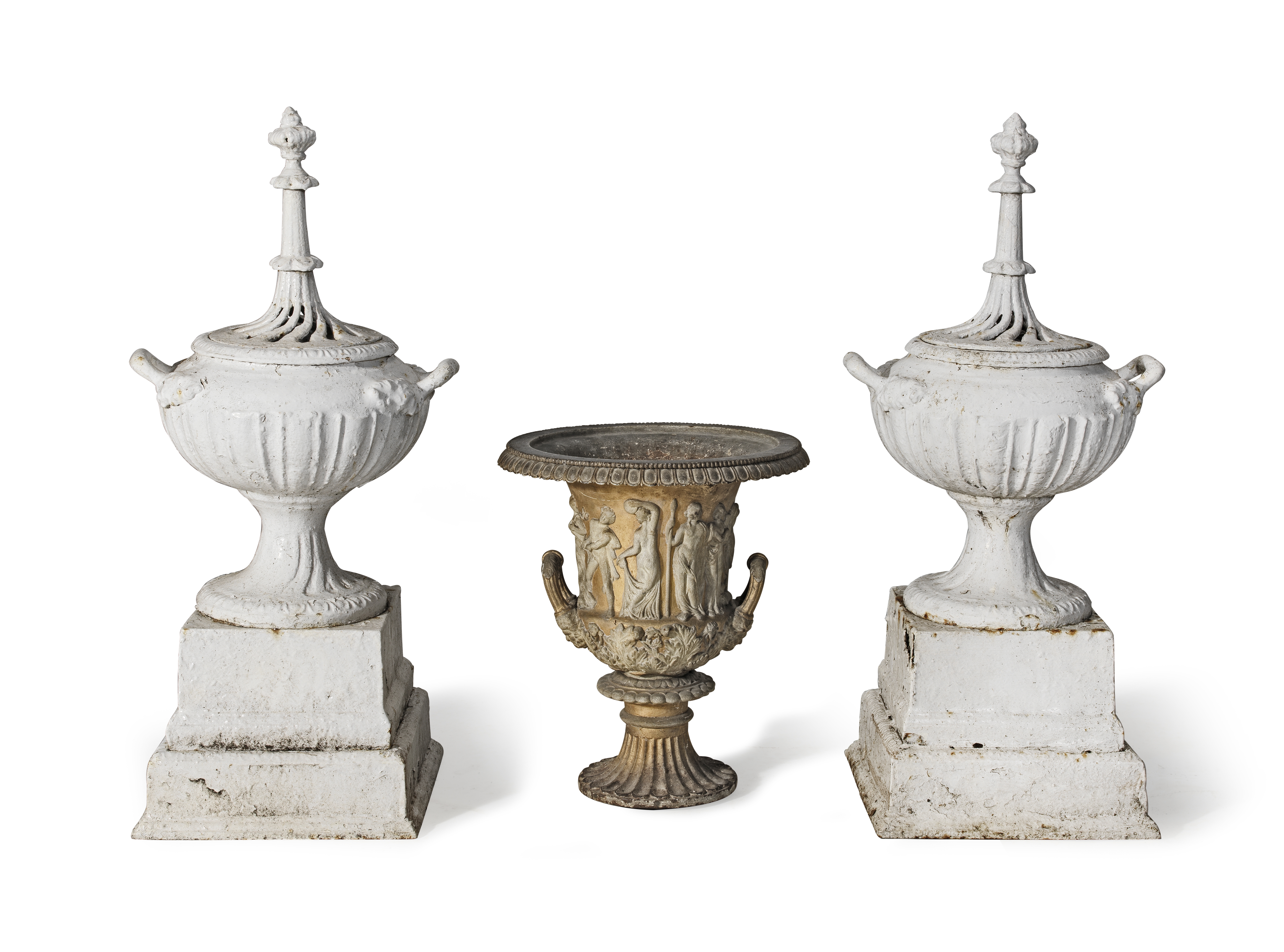 A pair of Victorian cast-iron garden urns, covers and stands together with a similar period cast...