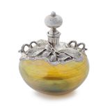 A large continental silver-plated glass perfume bottle unmarked