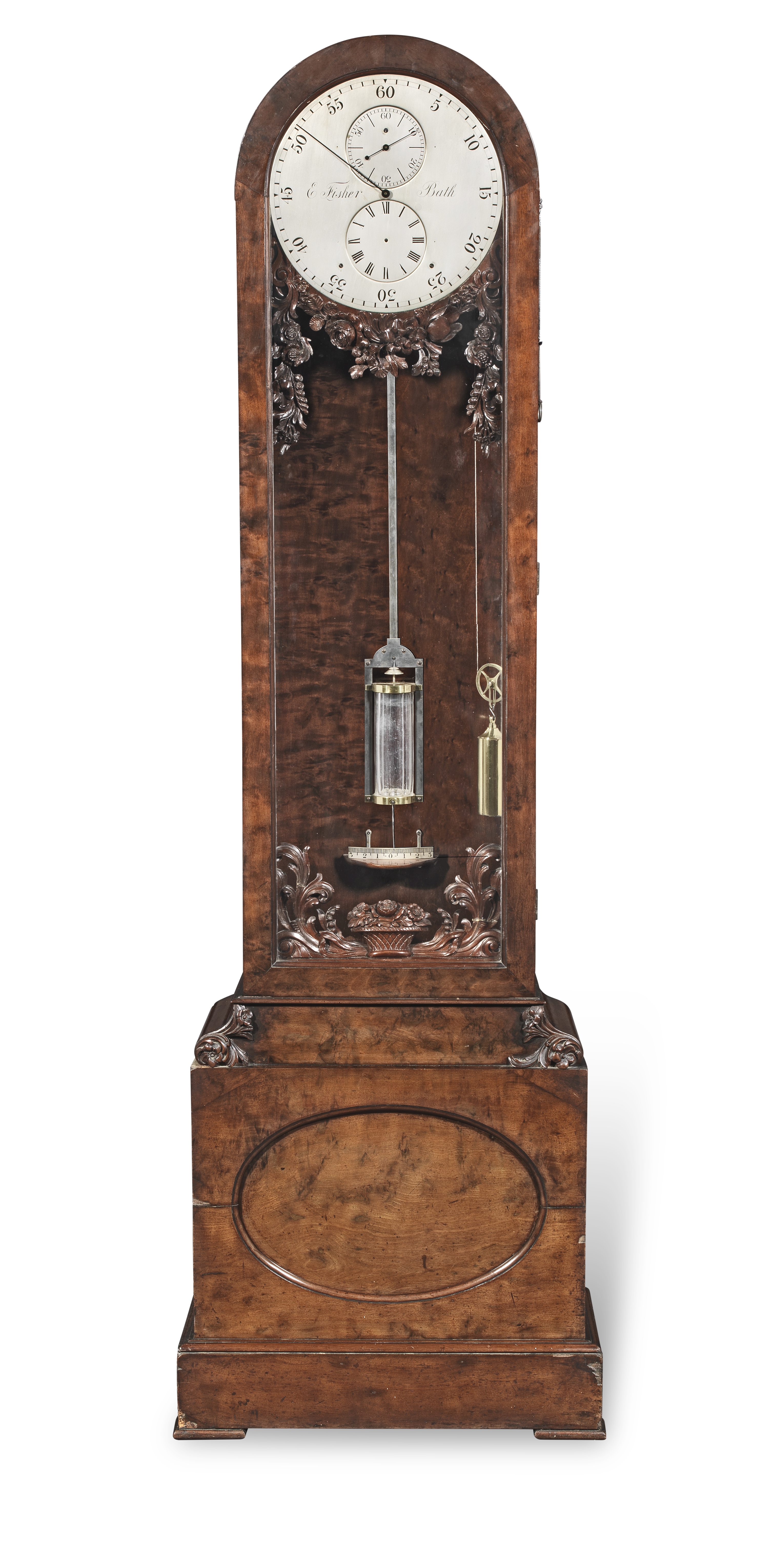 A rare mid 19th Century carved mahogany floorstanding regulator with keyless winding signed E. ...