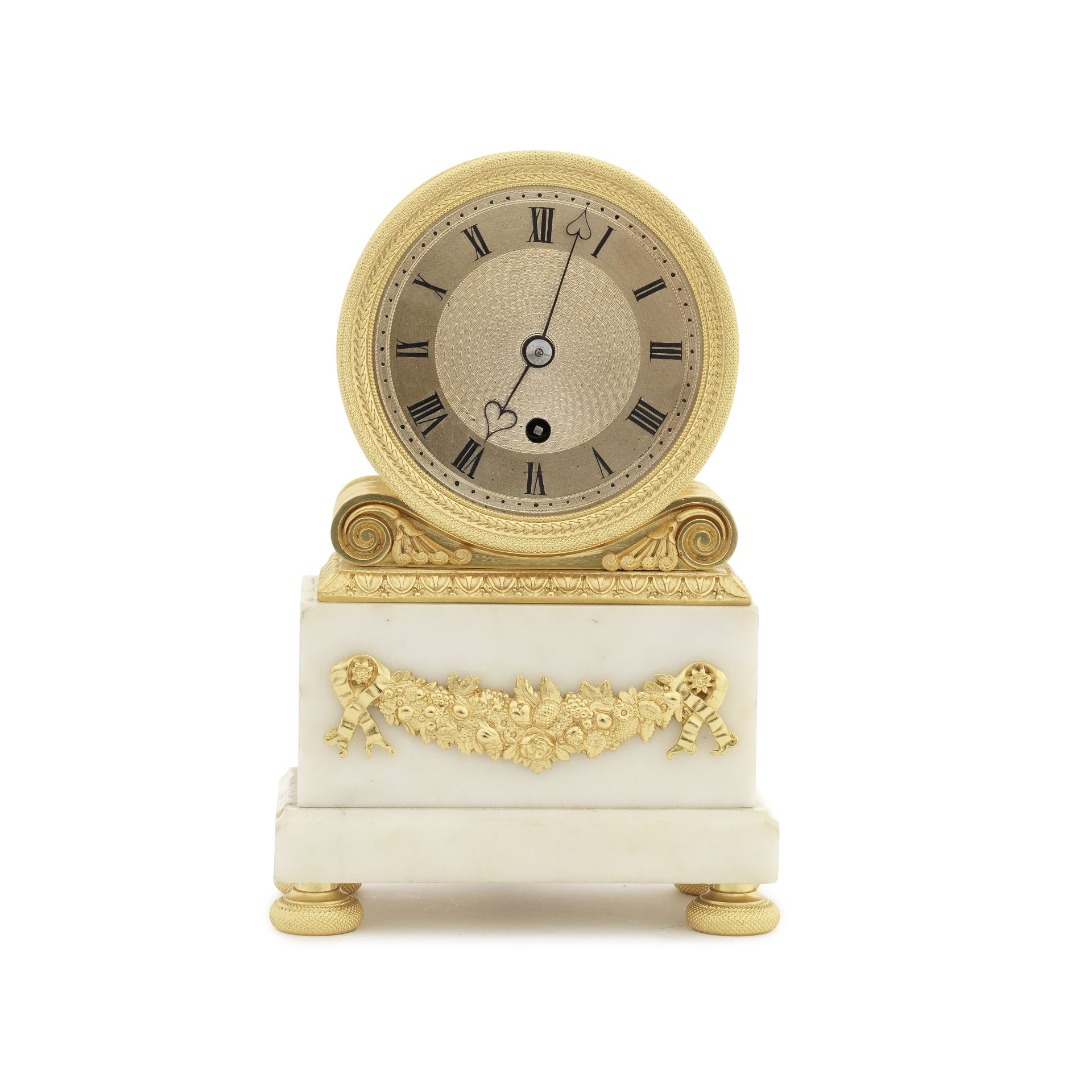 A gilt bronze and white marble single fusee drum timepiece parts early 19th century and later, t...