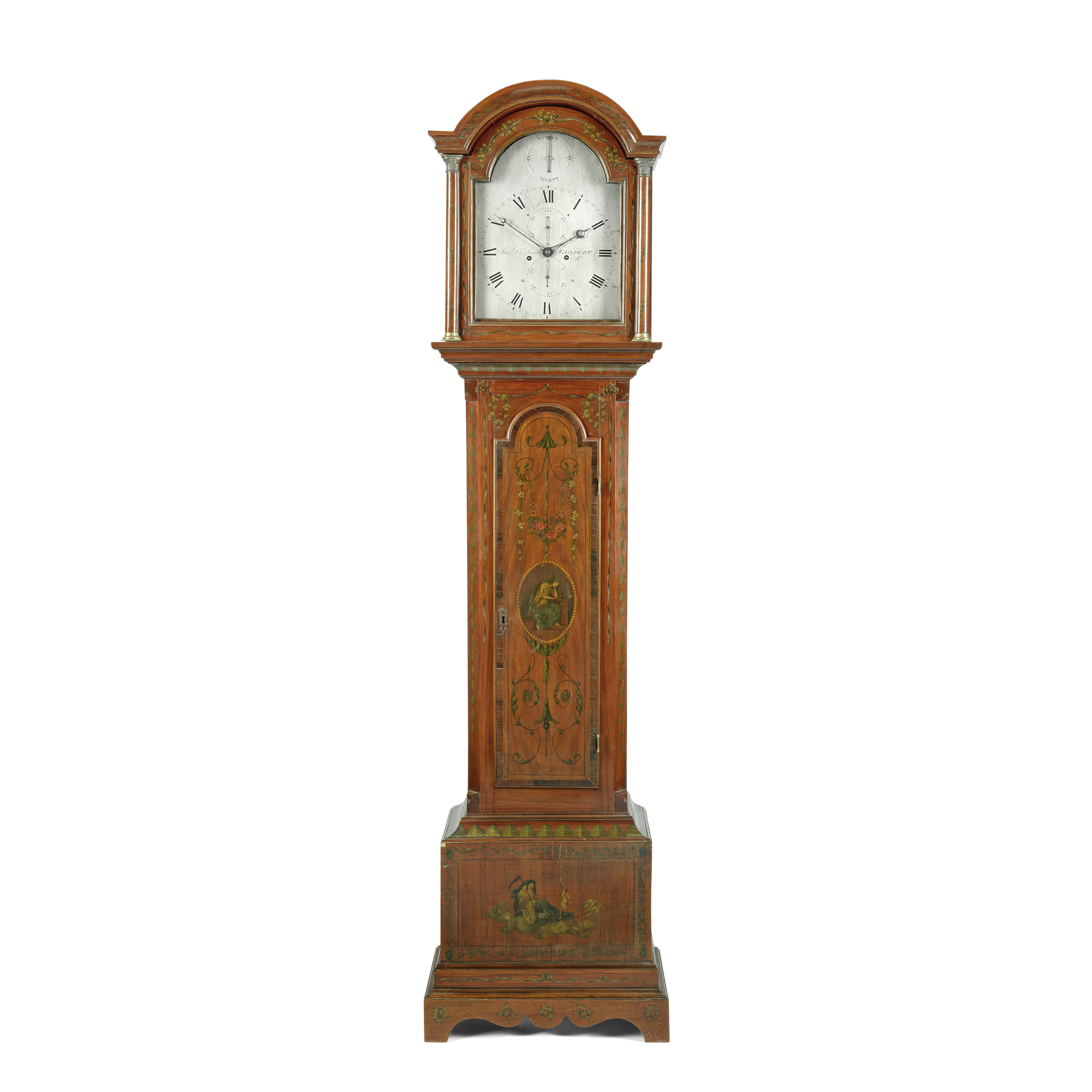 A late 18th/early 19th century and later satinwood and painted longcase clock the dial signed S...