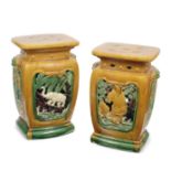 A pair of Chinese egg and spinach glazed ceramic garden seats in the Tang Dynasty style