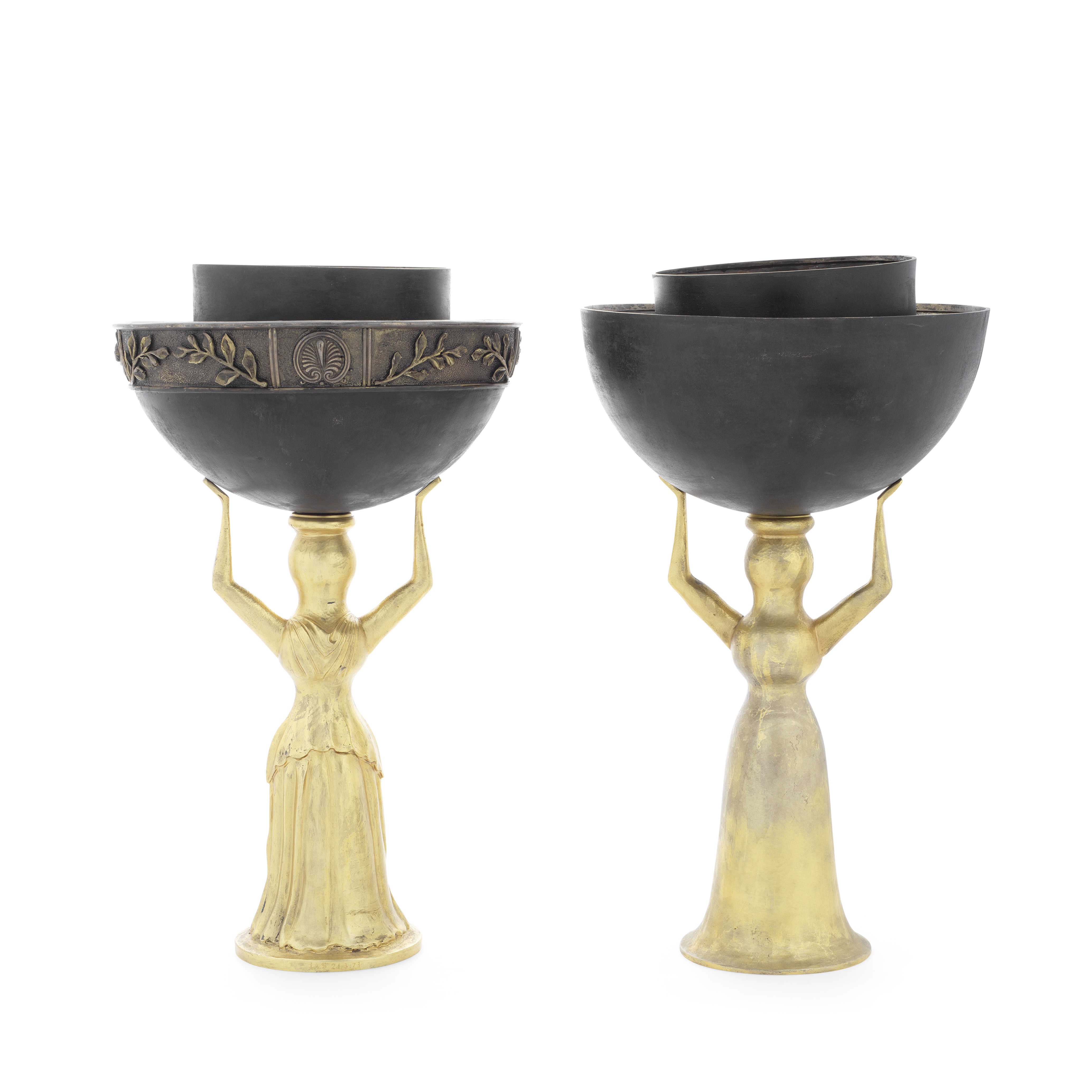 A pair of Greek silver, silver-gilt and patinated figural seven-light candelabra stamped 925, X ...