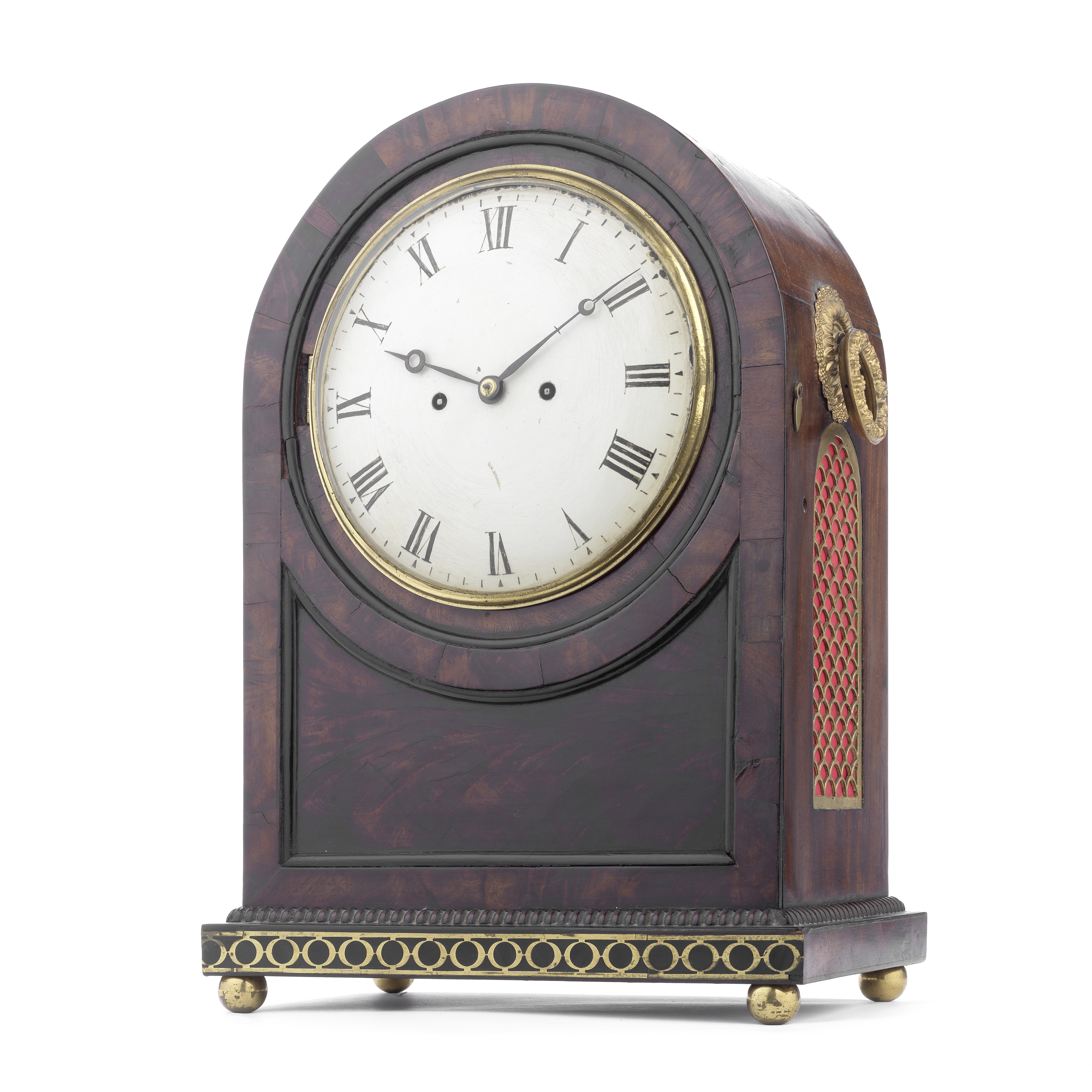 A first half 19th century brass inlaid and mounted mahogany table clock