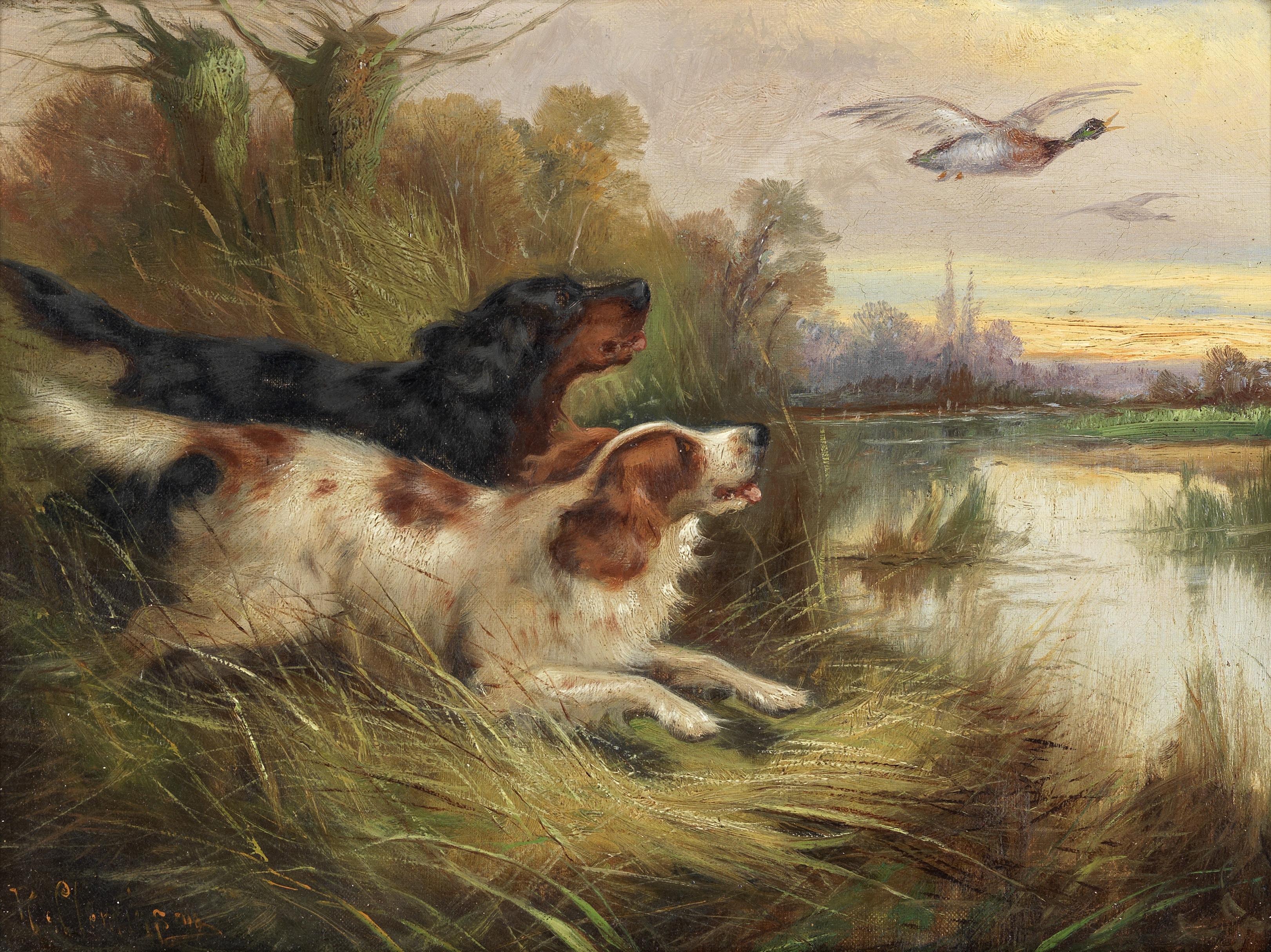 Robert Cleminson (British, 1864-1903) Spaniels flushing mallards; Gun dog with pheasants, a pair...