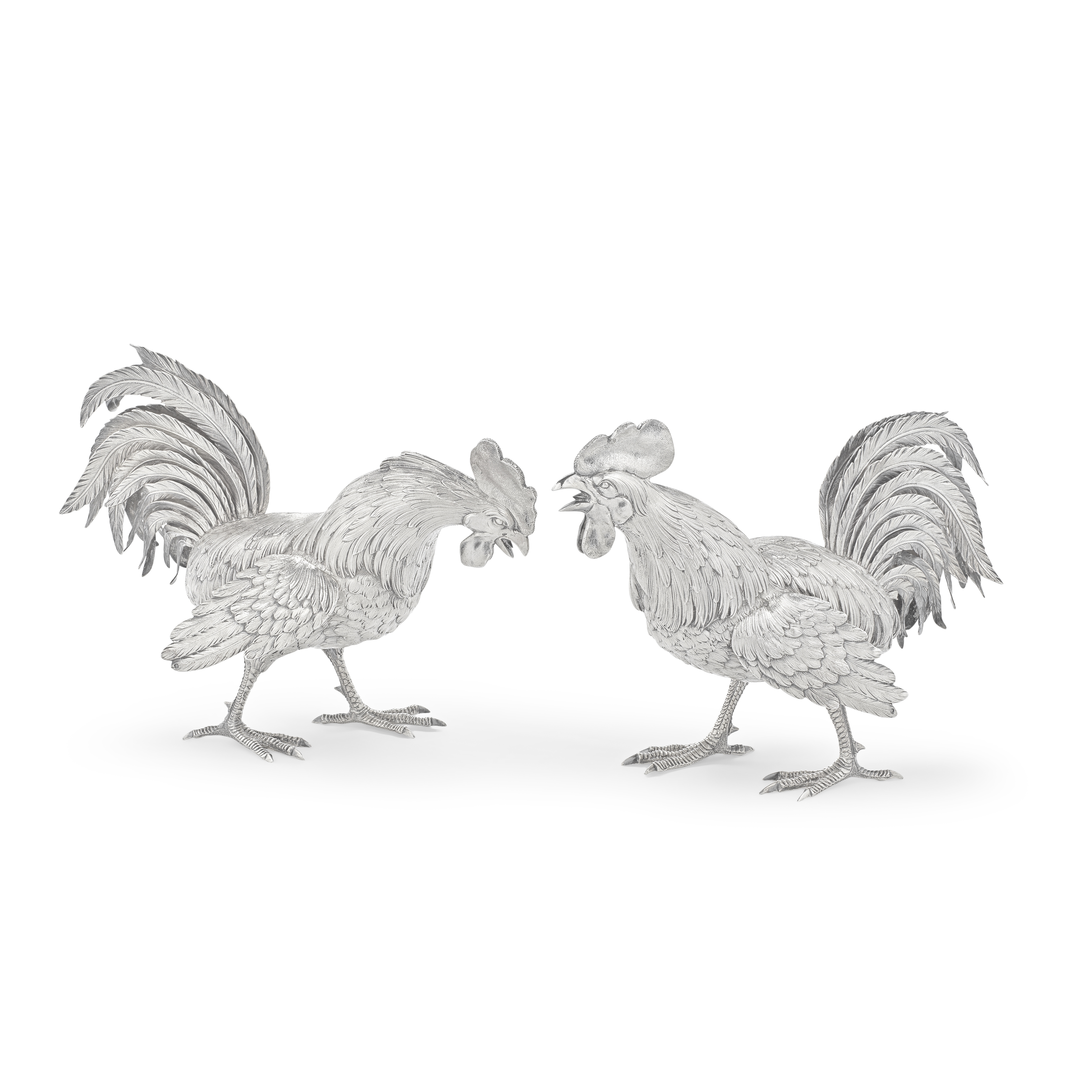 A pair of French silver cockerel table ornaments with first standard Minerva head mark (2)