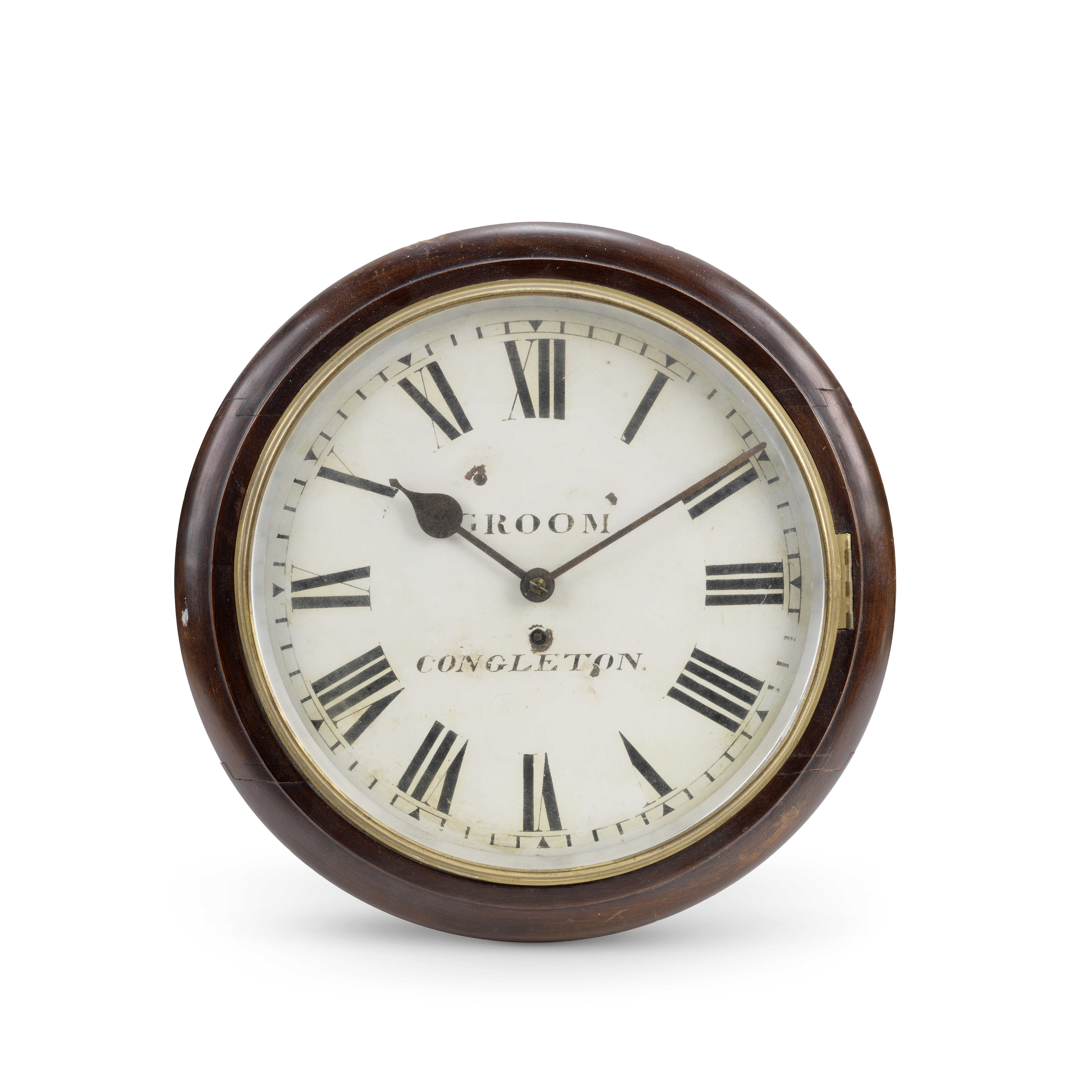 A late 19th/early 20th century mahogany stained wall timepiece the dial signed Groom, Congleton