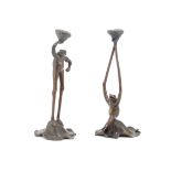 A pair of patinated spelter novelty frog candlesticks unmarked, Liberty, early 20th century (2)